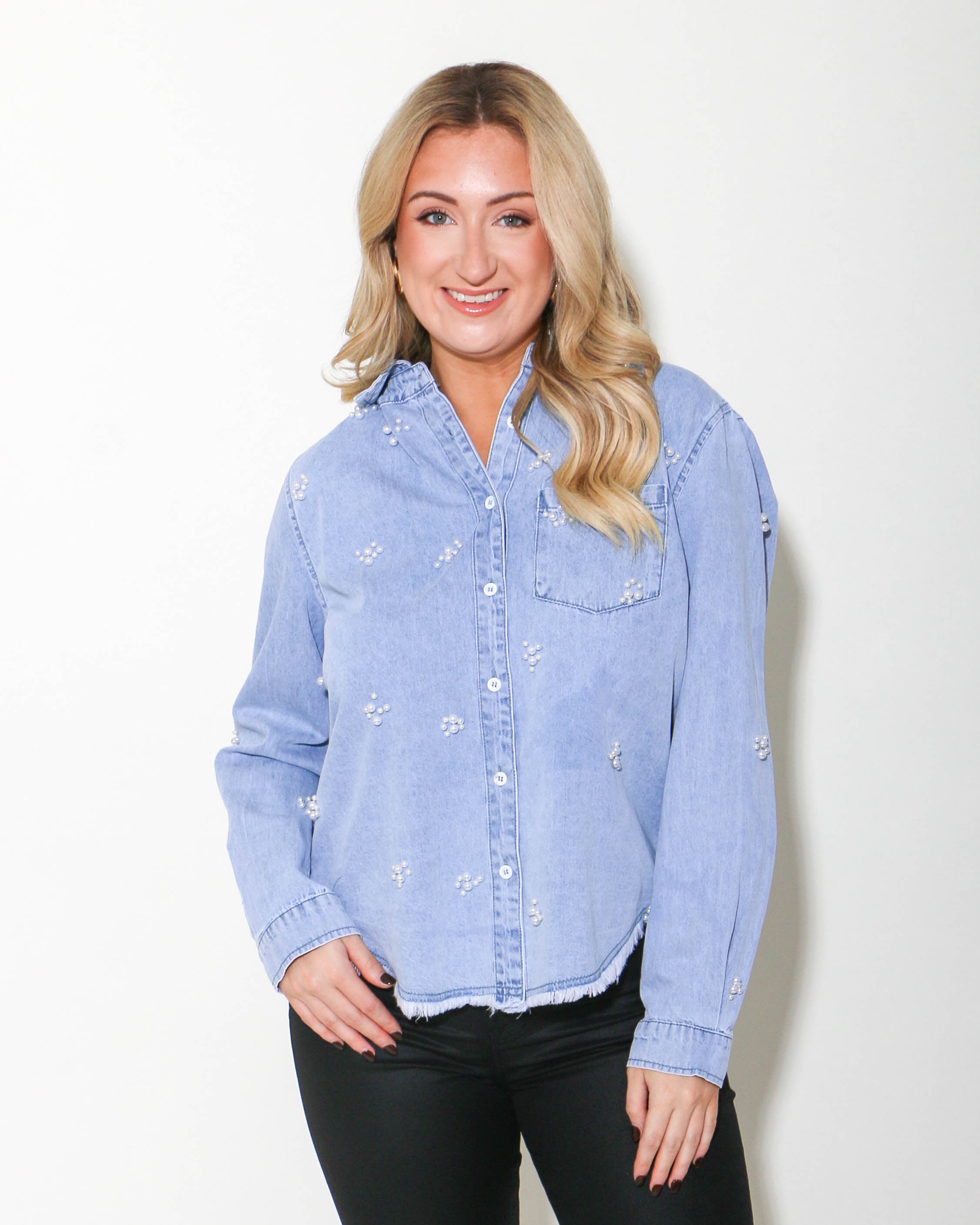 Denim Pearl Embellished Button-Up