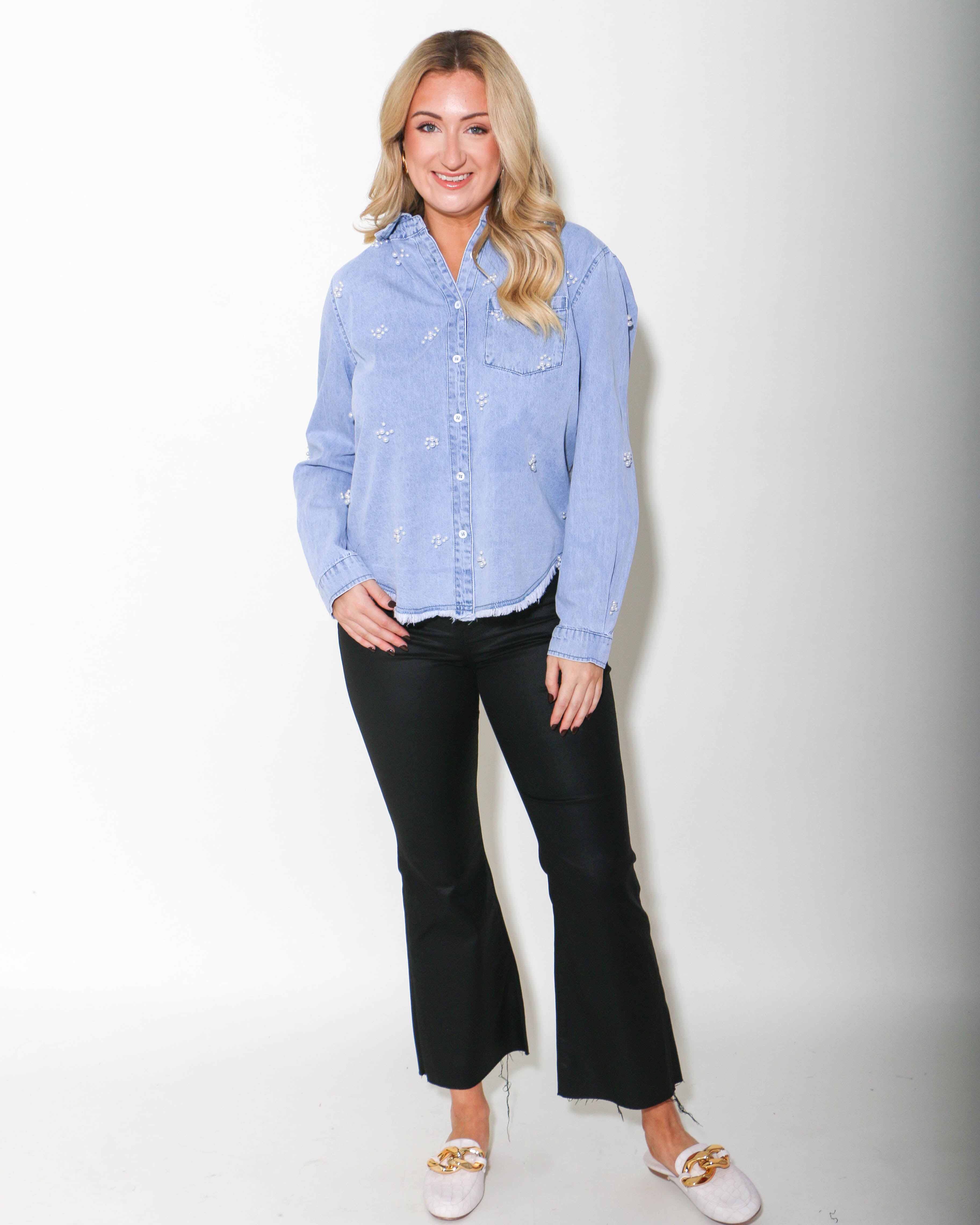 Denim Pearl Embellished Button-Up