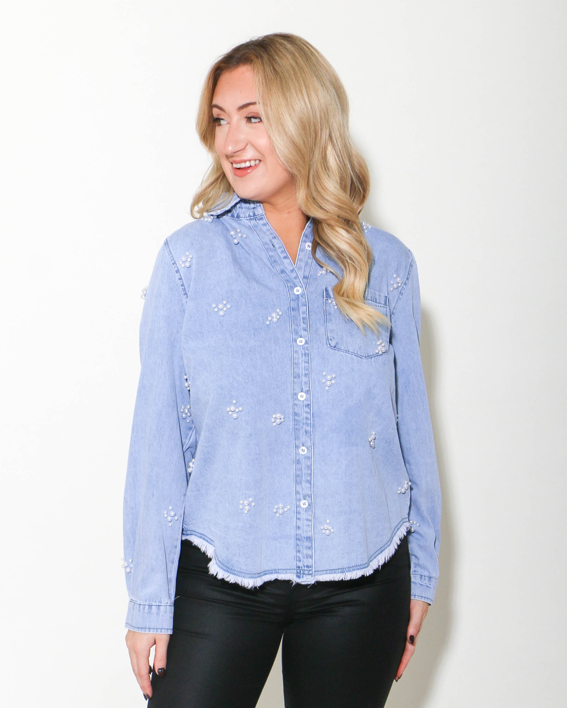 Denim Pearl Embellished Button-Up