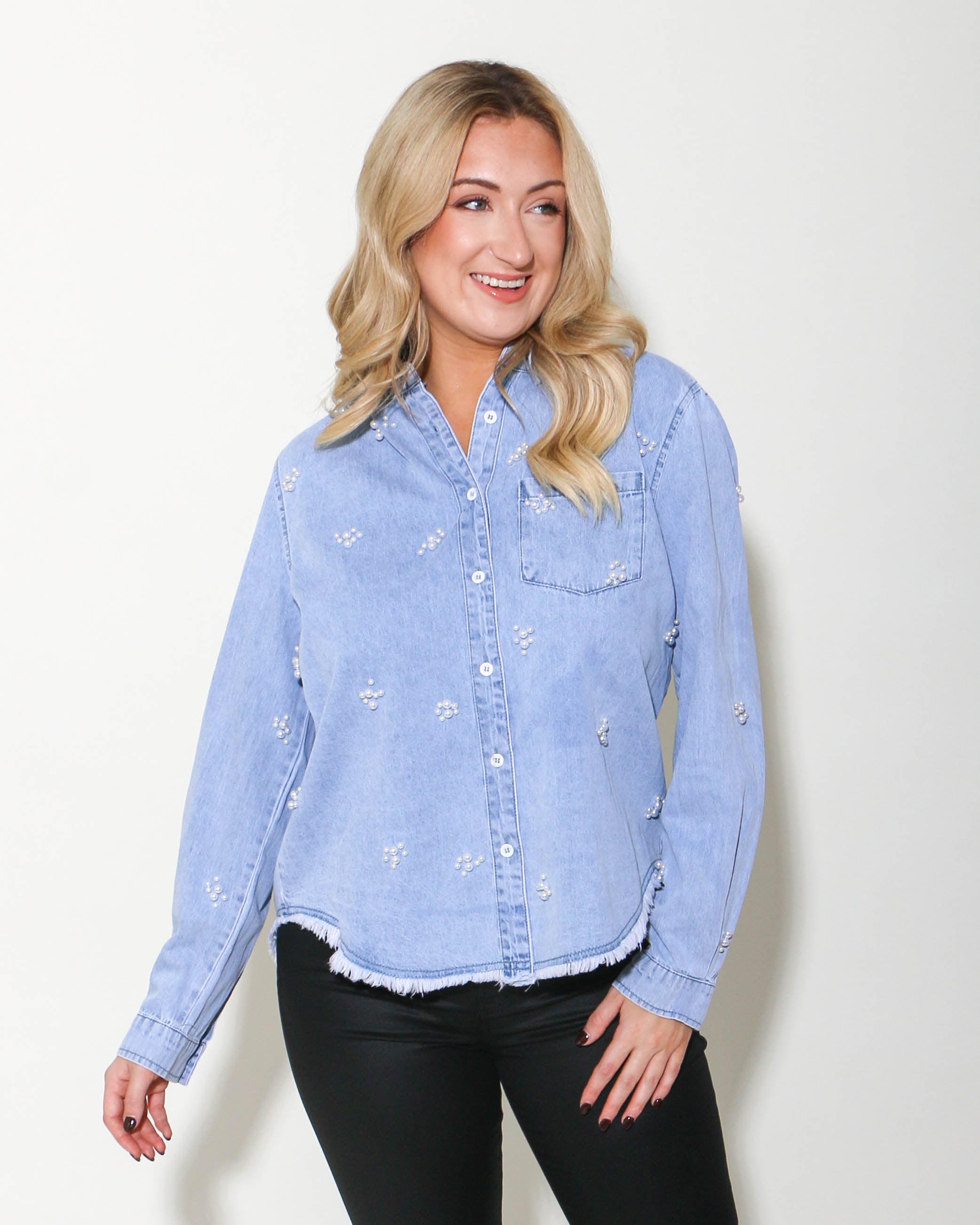 Denim Pearl Embellished Button-Up