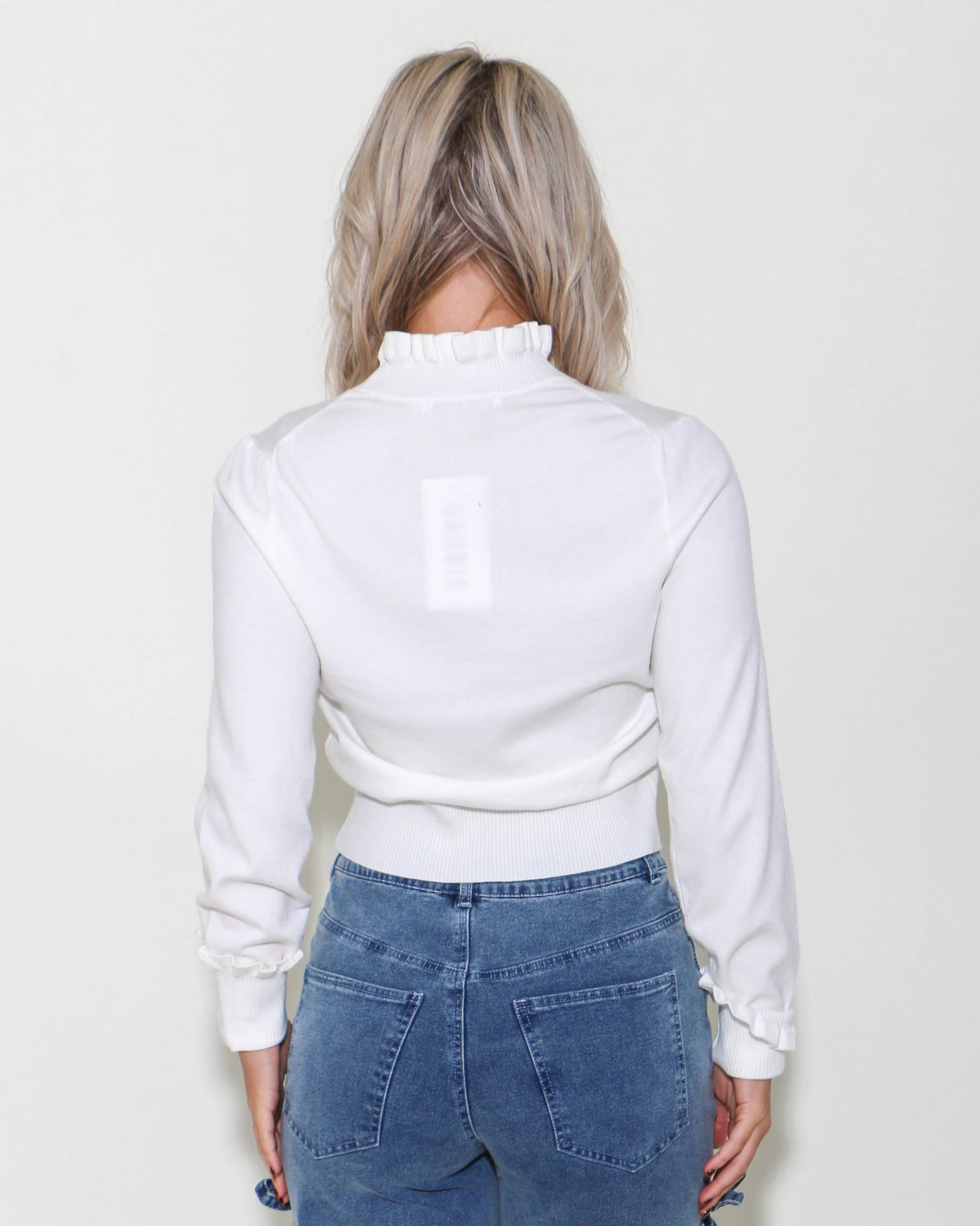 Solid Mock Neck Frill Edged Sweater in White