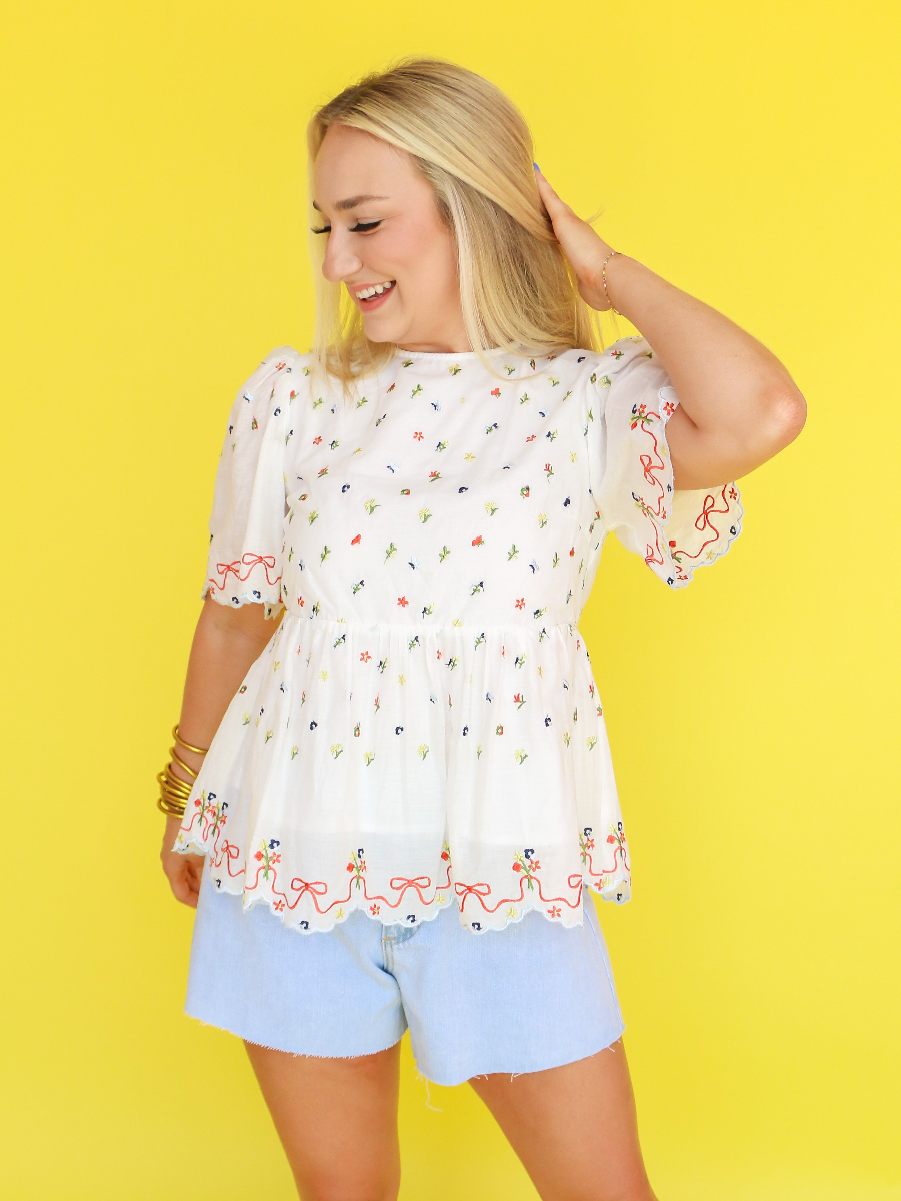 Floral Embroidery Scalloped Top