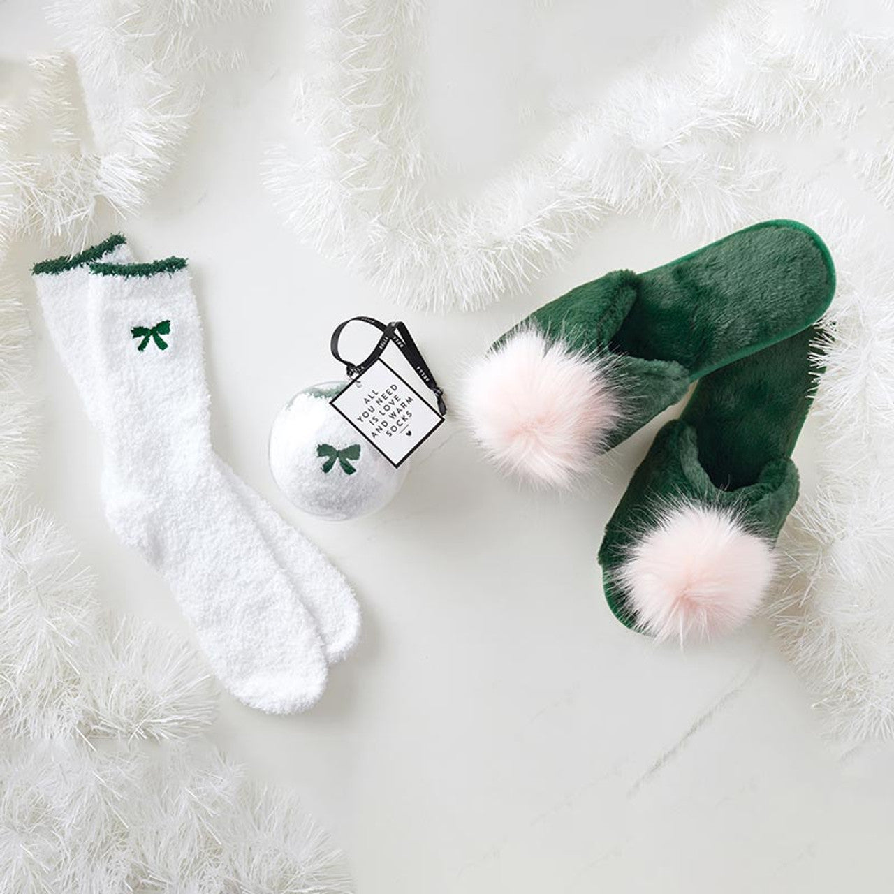 Plush Slippers - Green with Blush Pom Pom