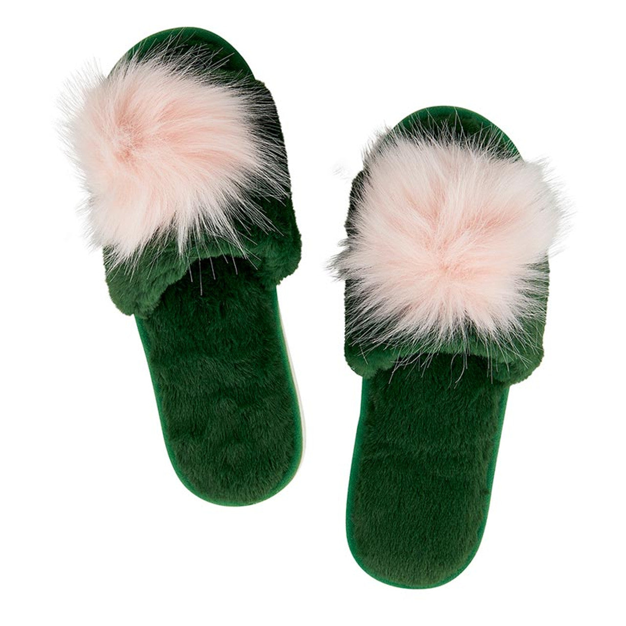 Plush Slippers - Green with Blush Pom Pom