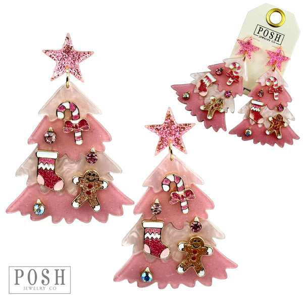 Acrylic Pink Decorated Christmas Tree Earring