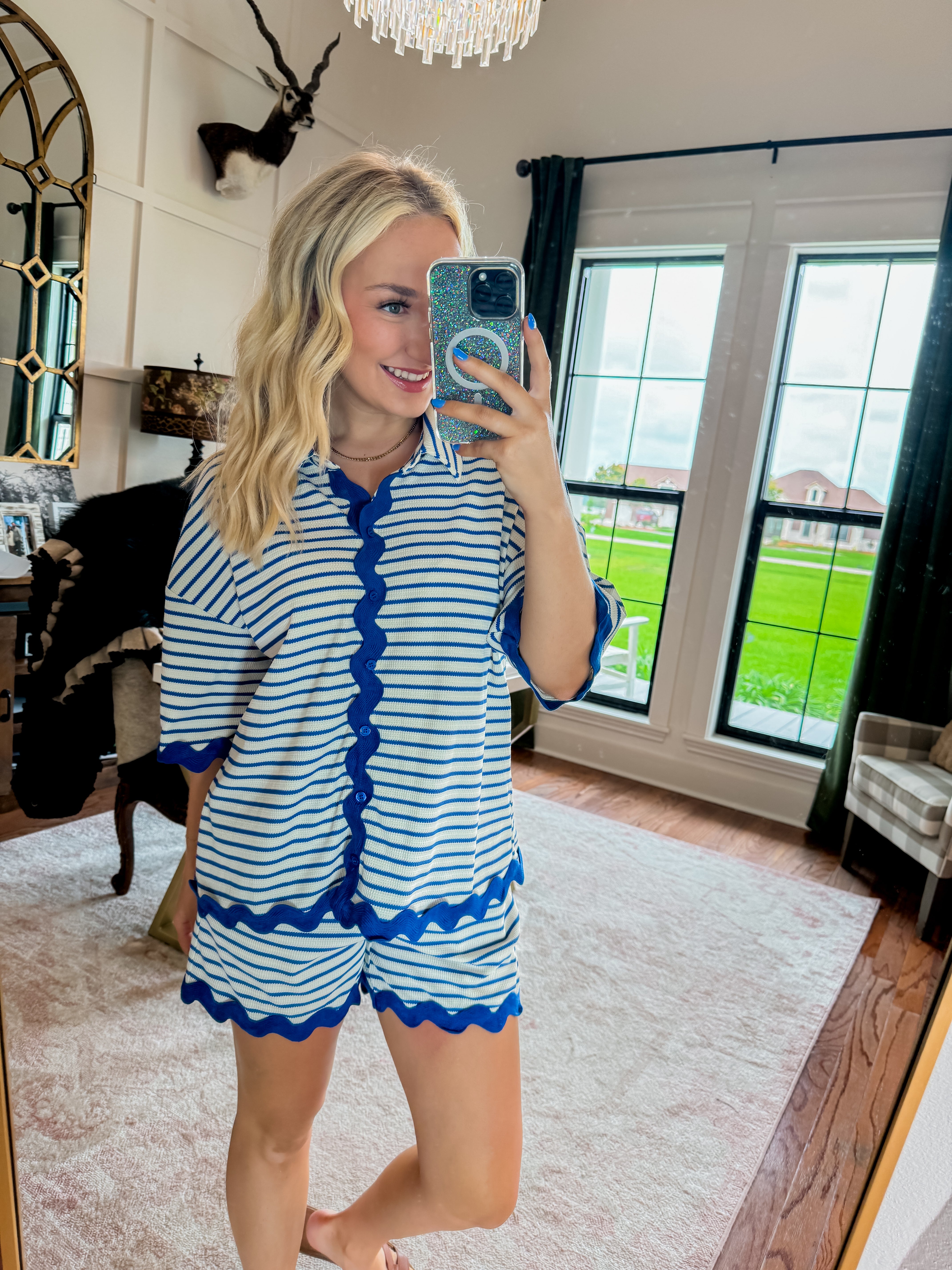 Navy Striped RicRac Button Down Set