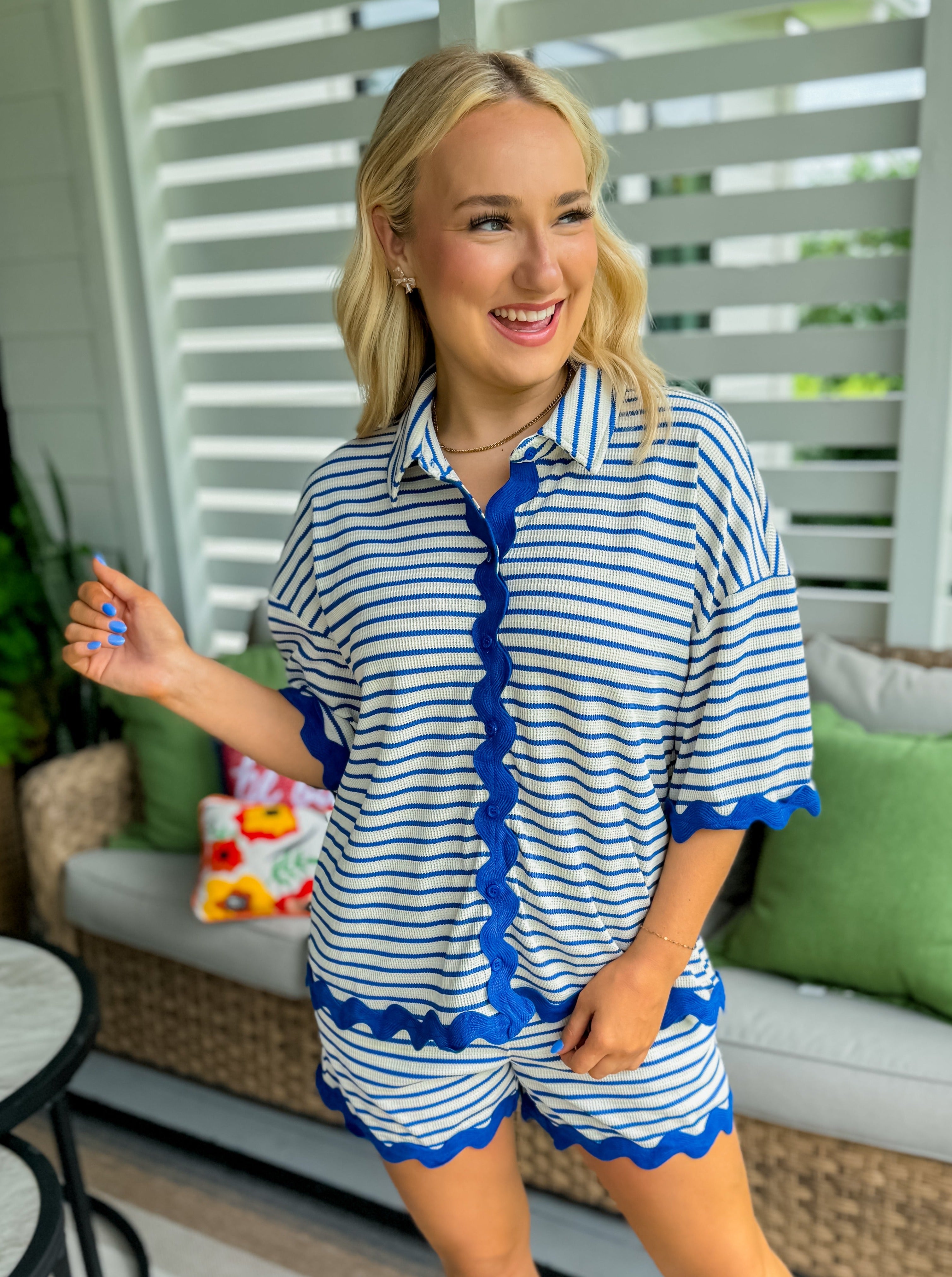 Navy Striped RicRac Button Down Set