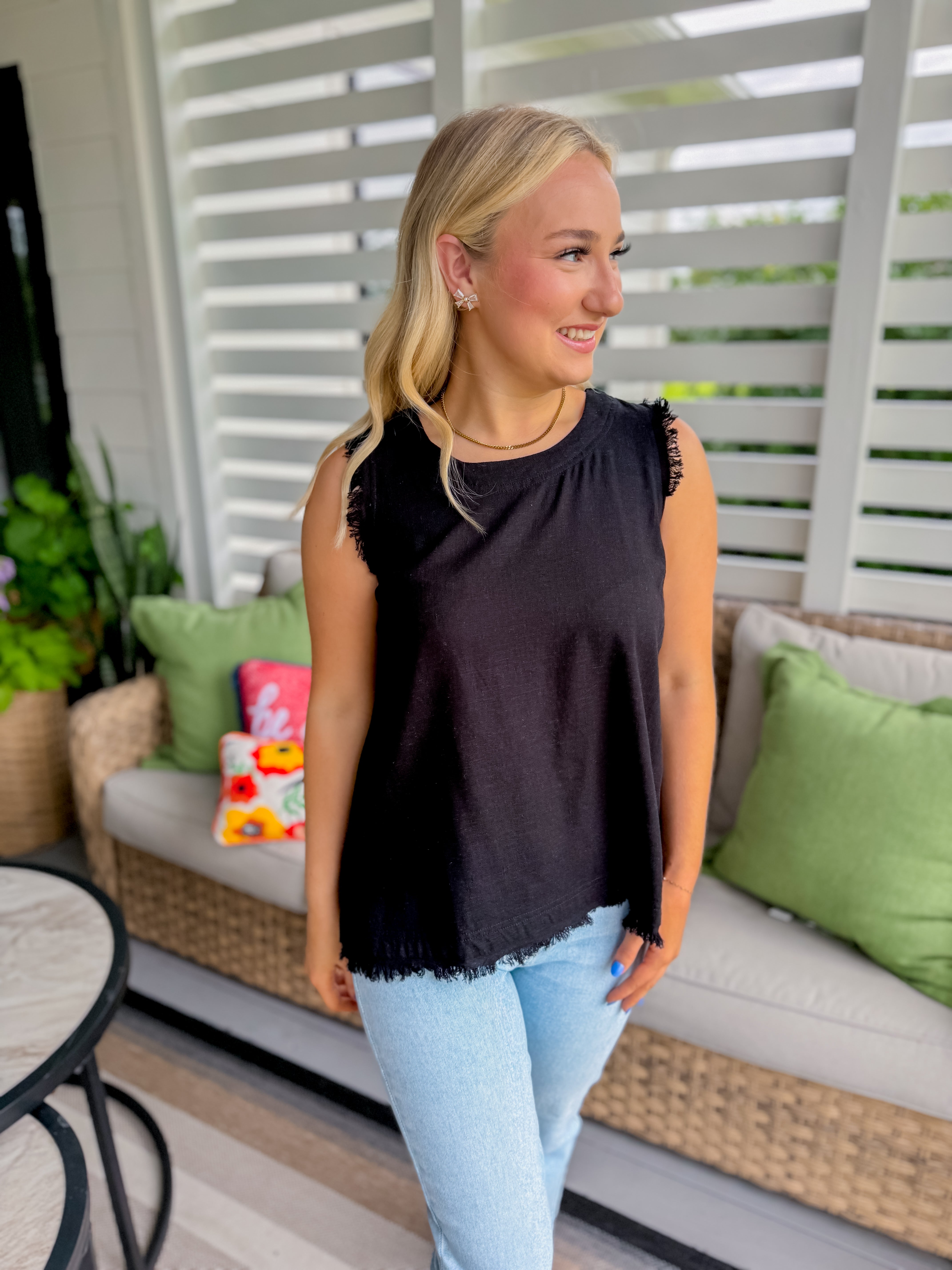 Back Button Down Detail Sleeveless Top in Black