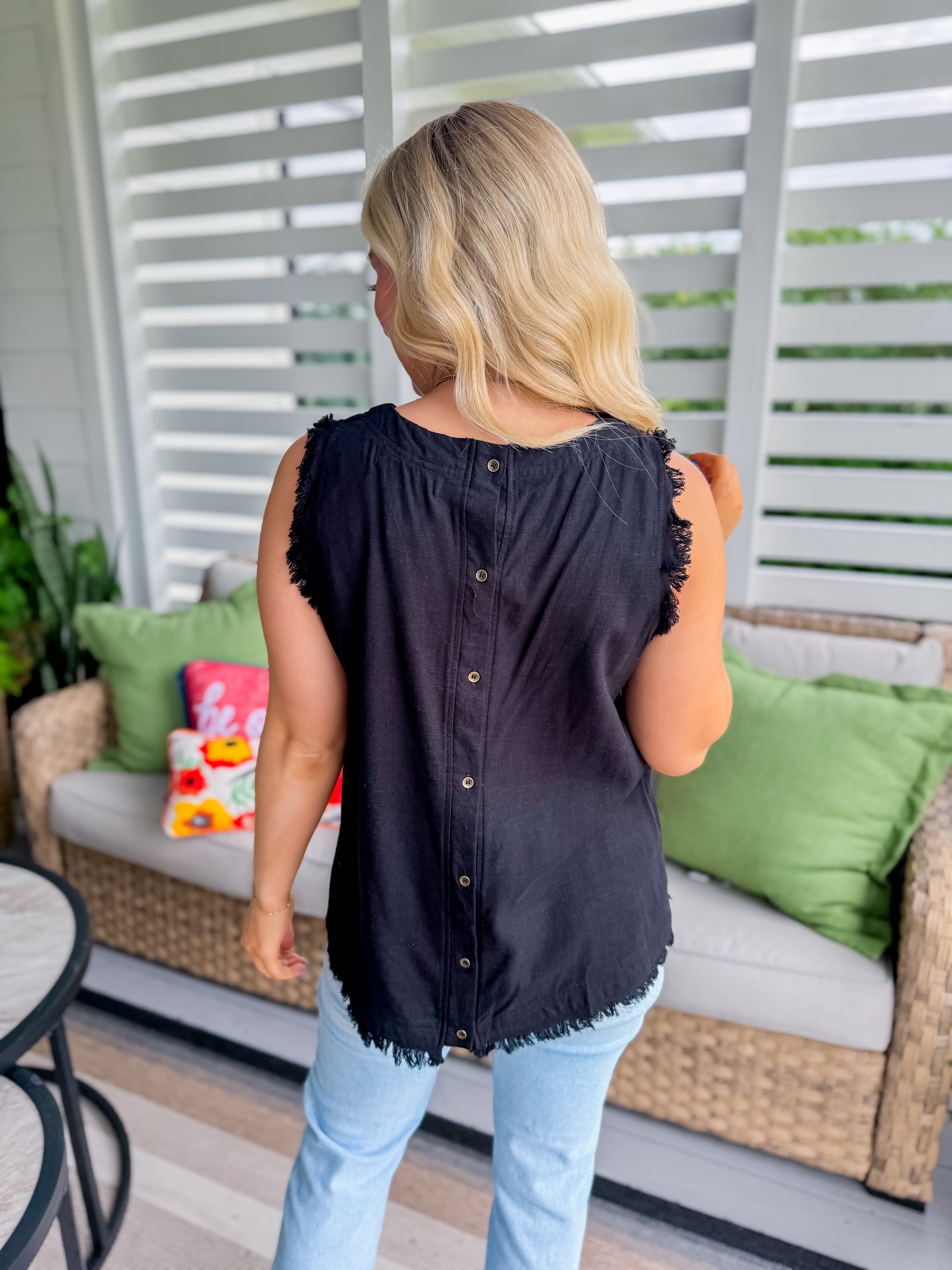 Back Button Down Detail Sleeveless Top in Black