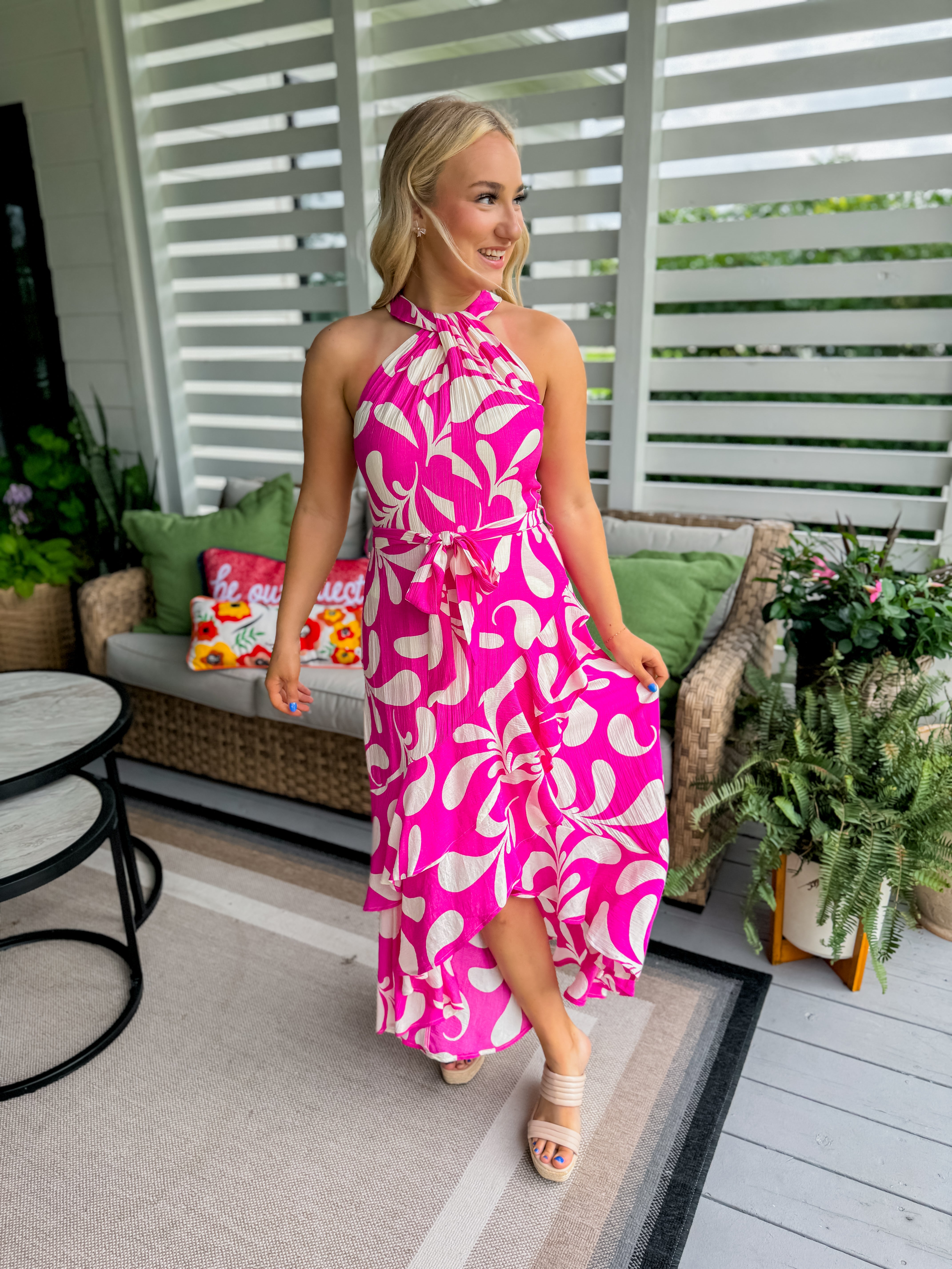 Leaf Print Halter Neck Midi Dress in Hot Pink