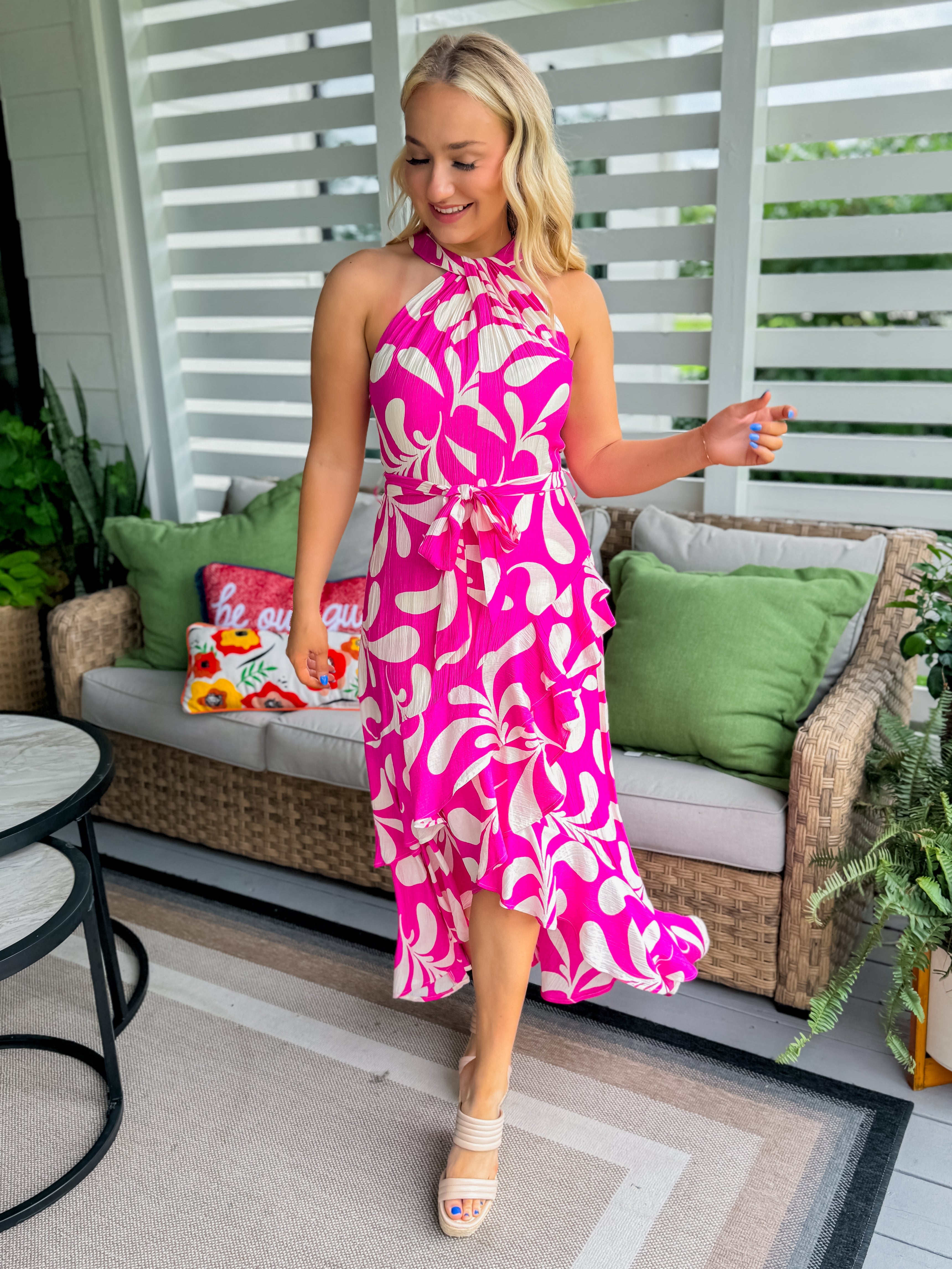 Leaf Print Halter Neck Midi Dress in Hot Pink