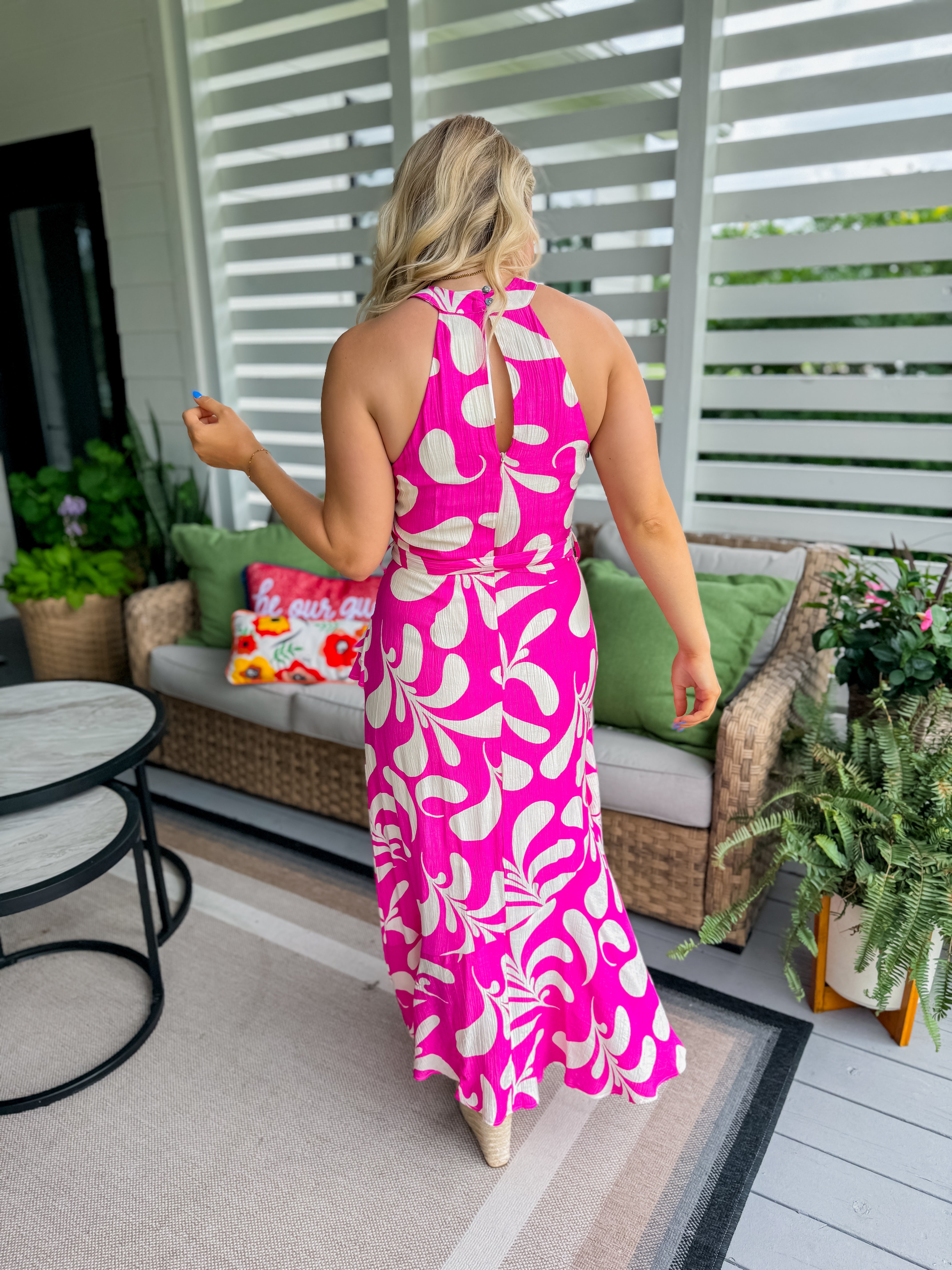 Leaf Print Halter Neck Midi Dress in Hot Pink