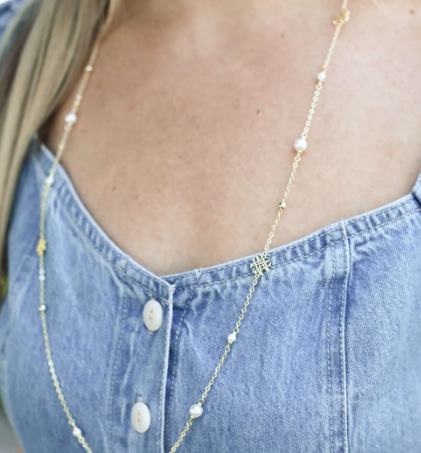 Adorned Pearl Logo Station Necklace in Silver