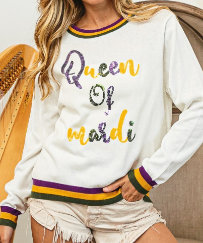 QUEEN OF MARDI SEQUIN LETTERING MARDI GRAS TOP