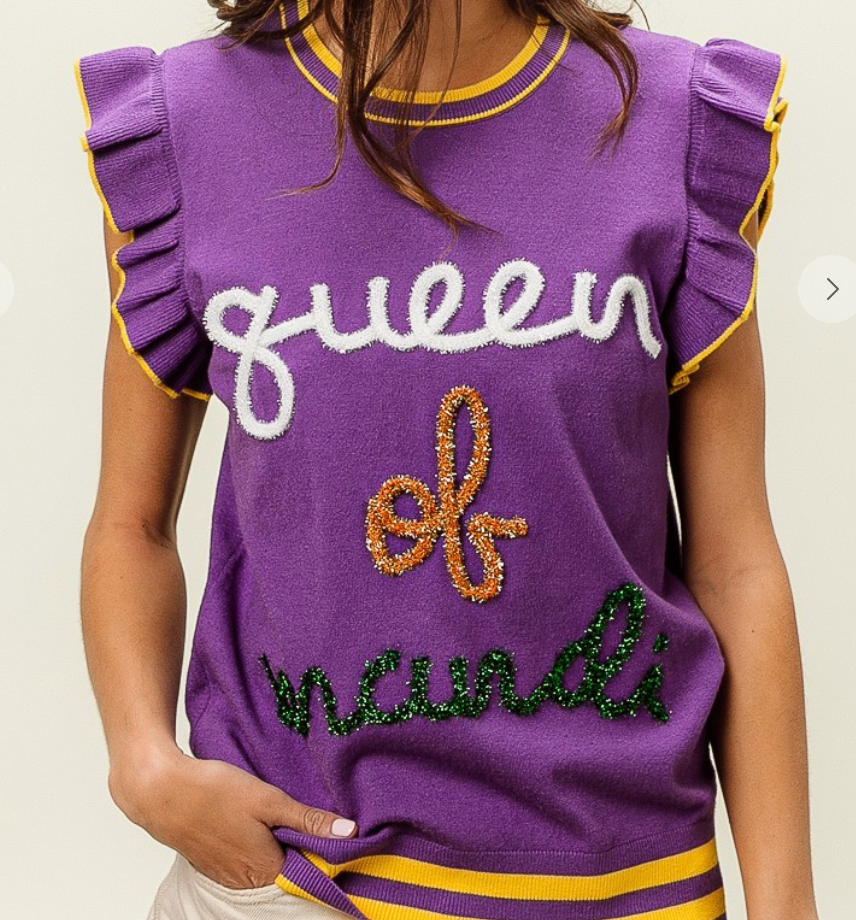 QUEEN OF MARDI RUFFLED ARMHOLE SLEEVELESS KNIT TOP