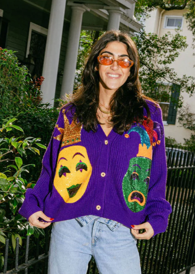 Purple Mardi Gras Mask Cardigan