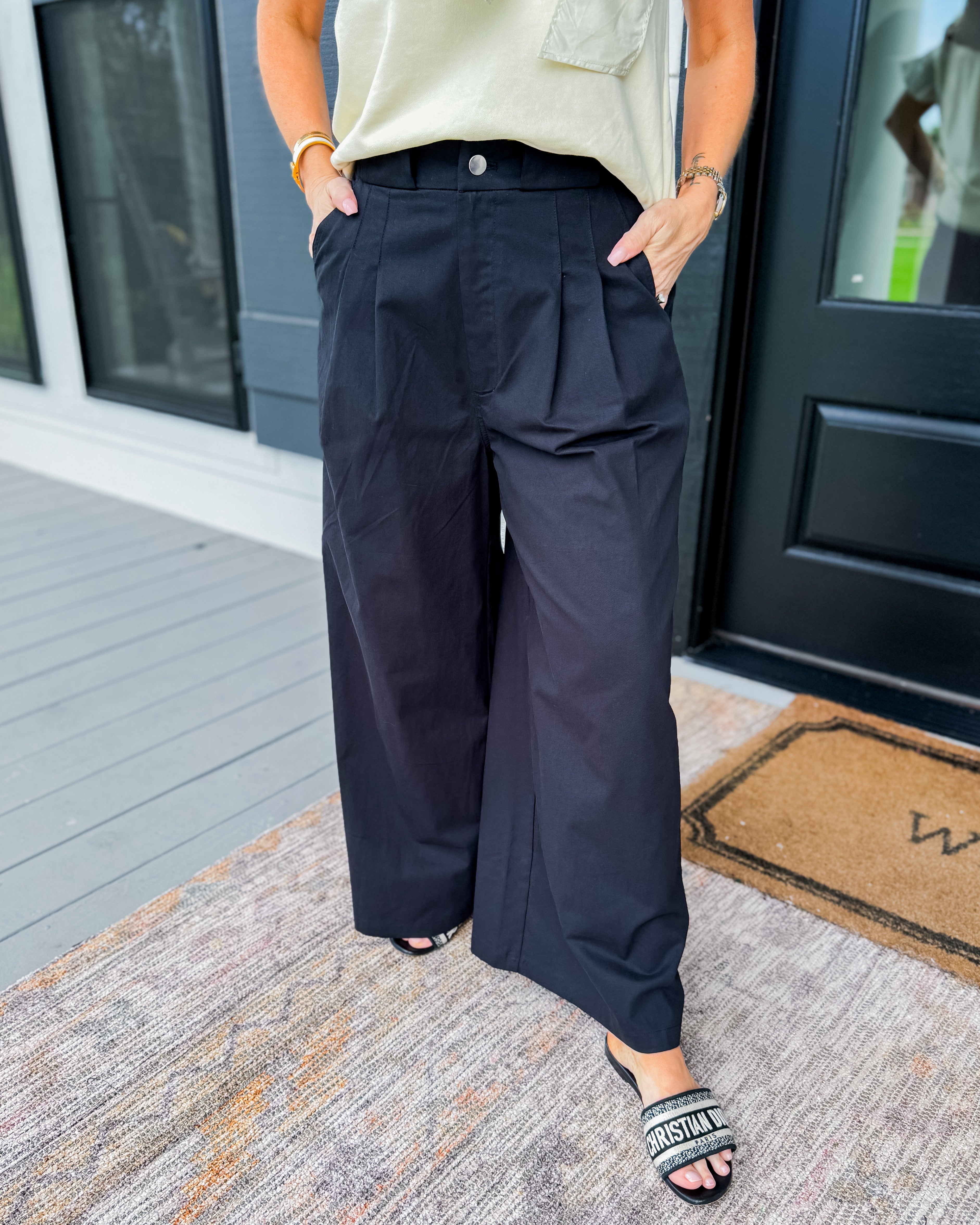 Cotton Wide Leg Pants with Pockets in Black