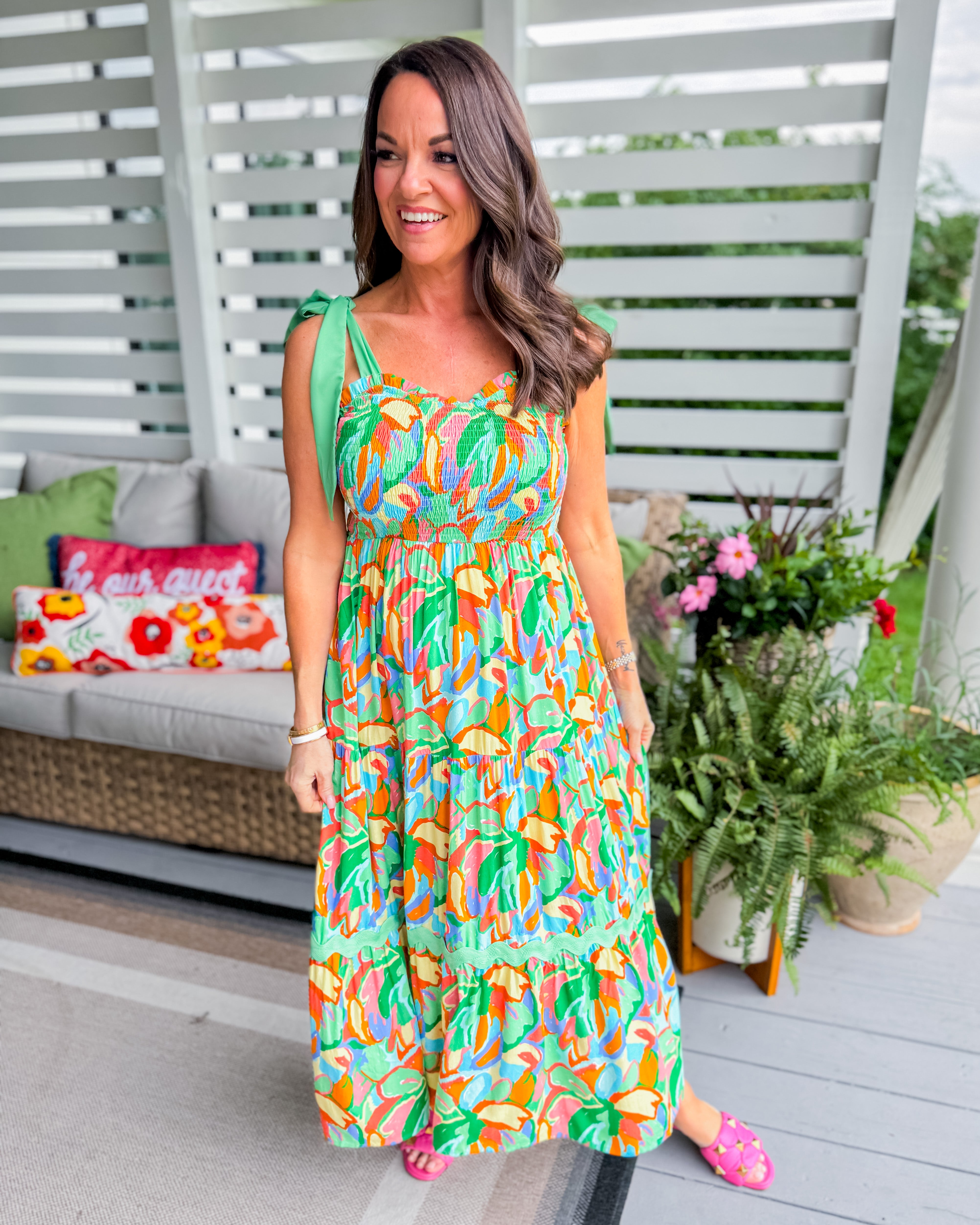Abstract Print A-Line Maxi Dress in Green Mix