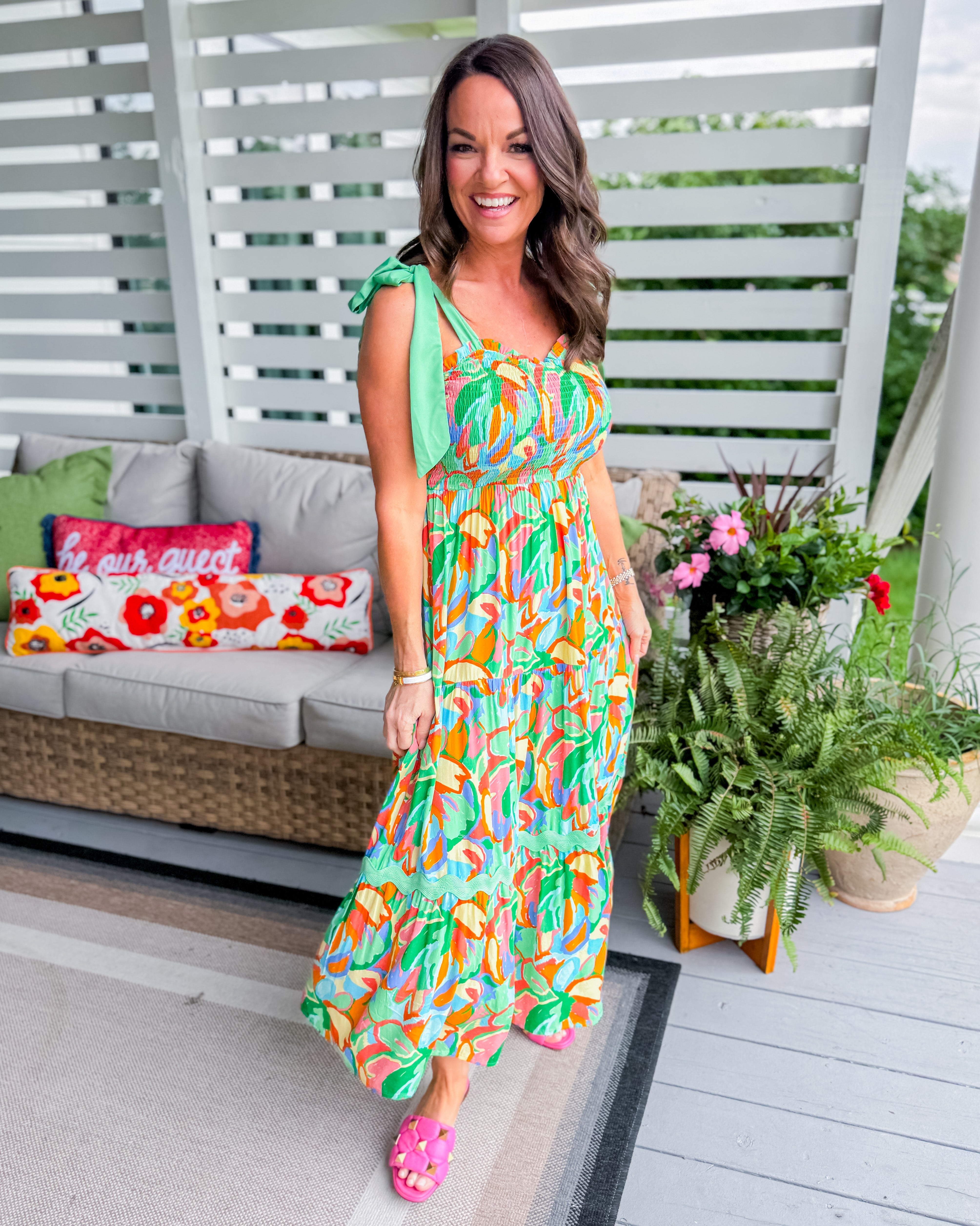 Abstract Print A-Line Maxi Dress in Green Mix