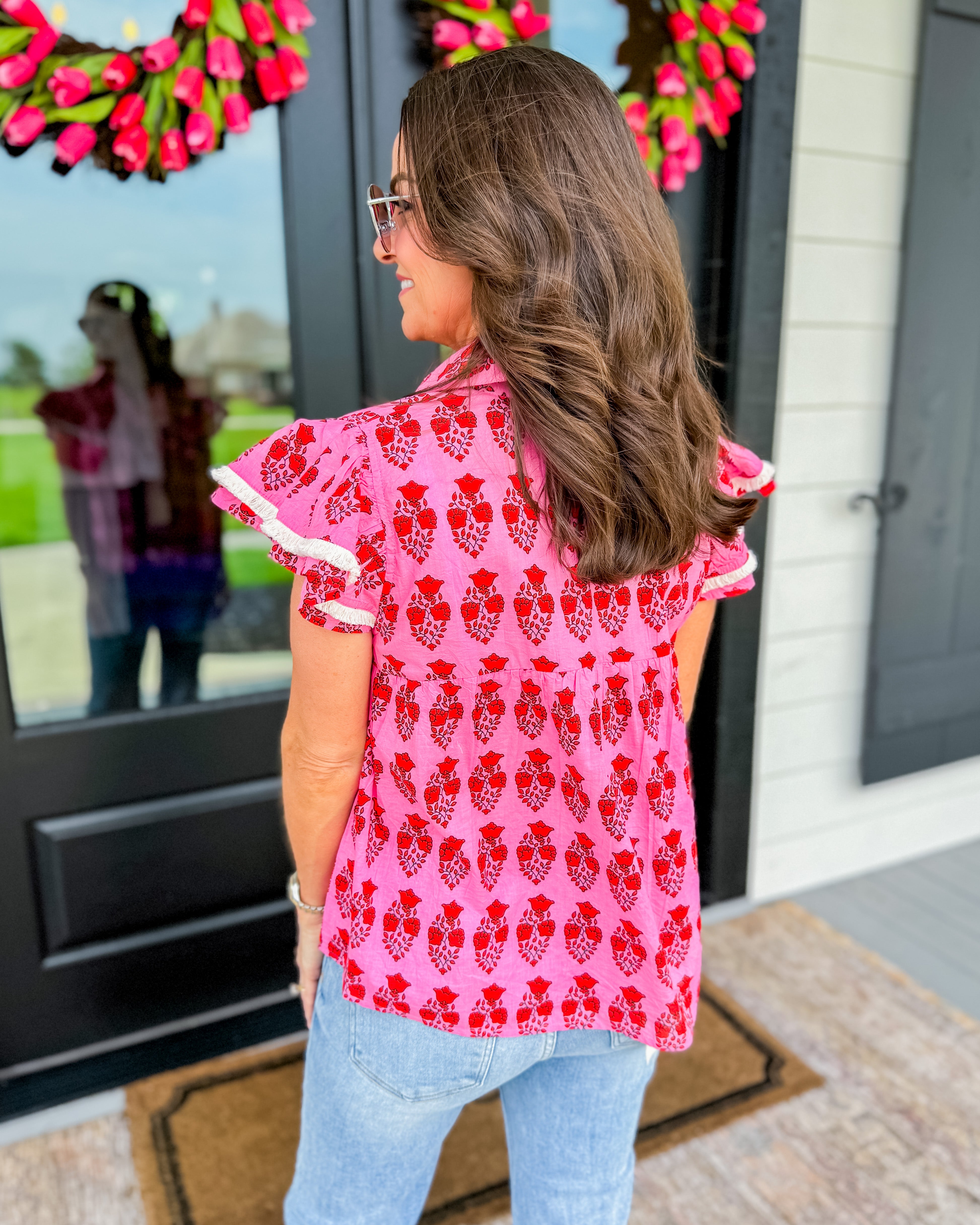 Flutter Sleeve Print Top in Pink | THML