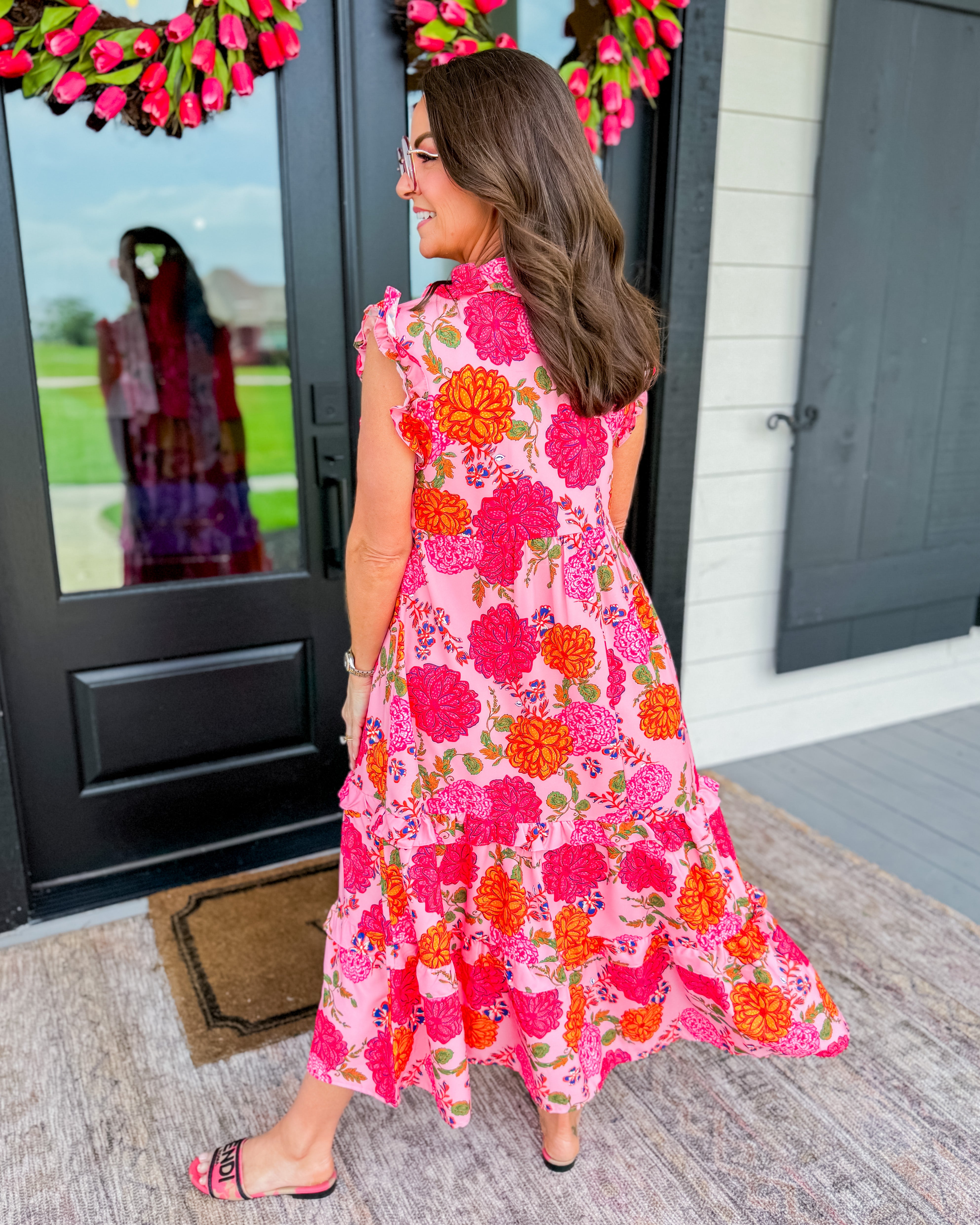 Floral Print Ruffle V-Neck Front Tie Tiered Maxi Dress in Pink Mix