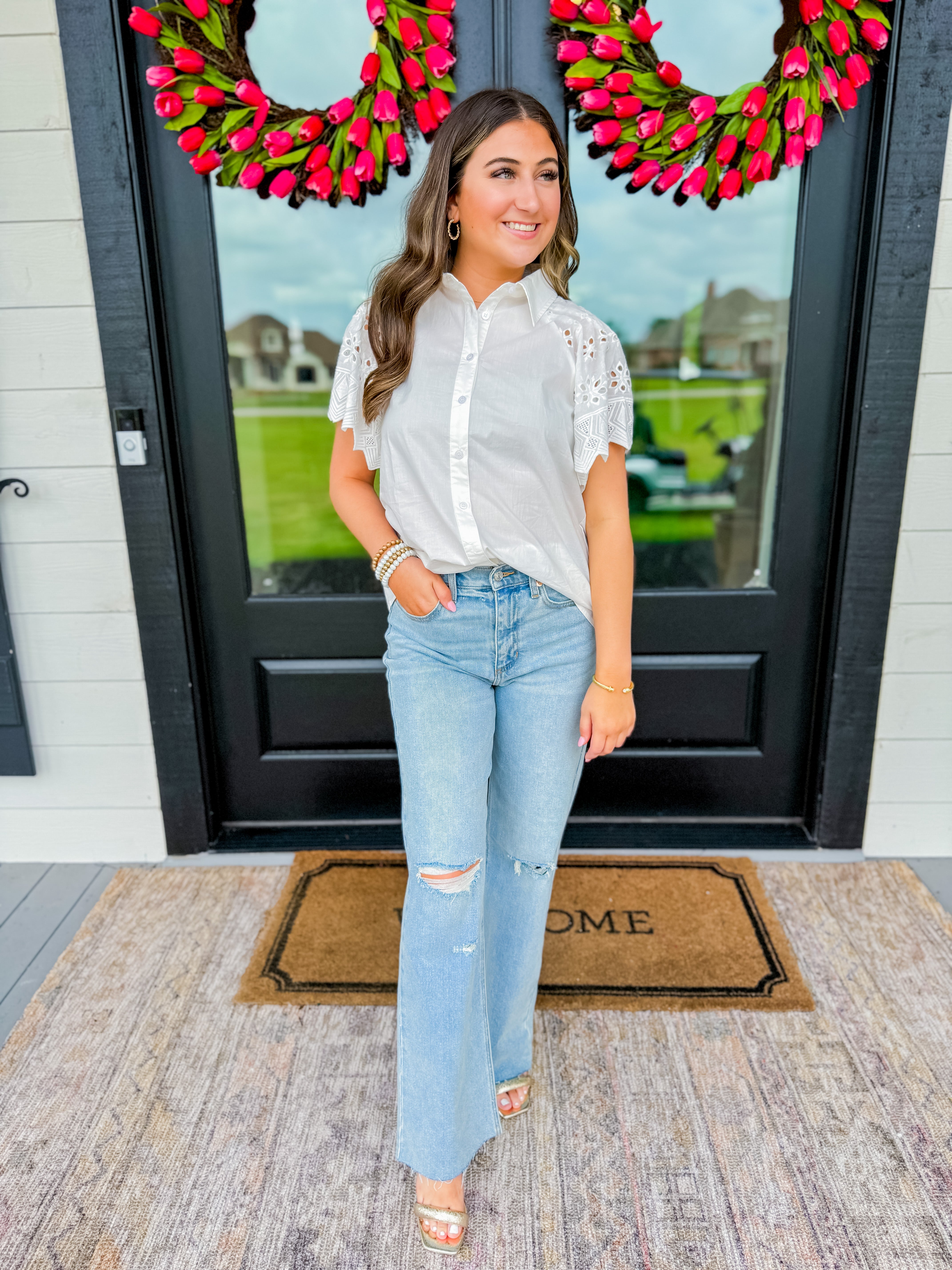 Solid Eyelet Butterfly Sleeves Top in Off White