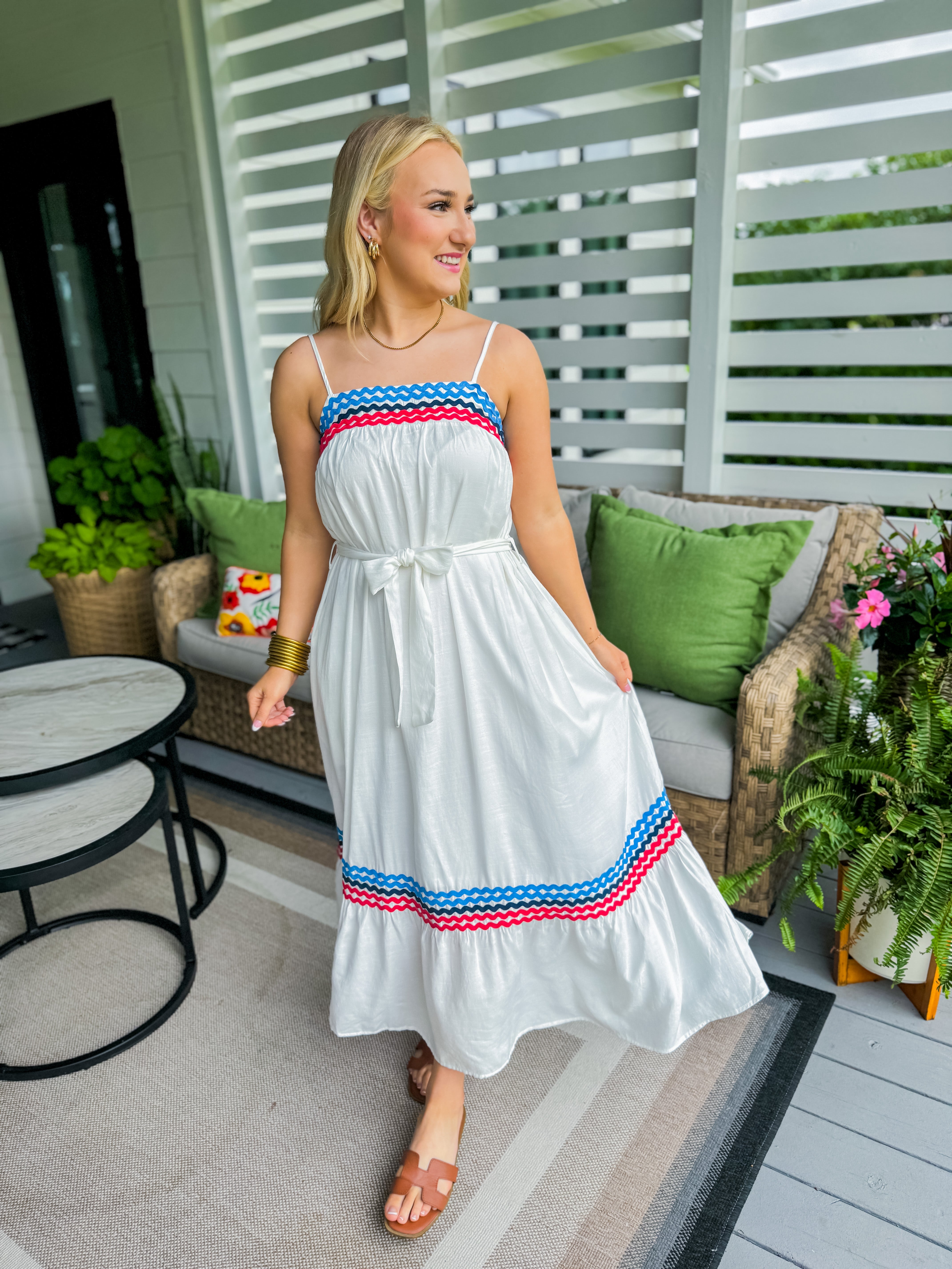 White Belted Square Neck Midi Dress