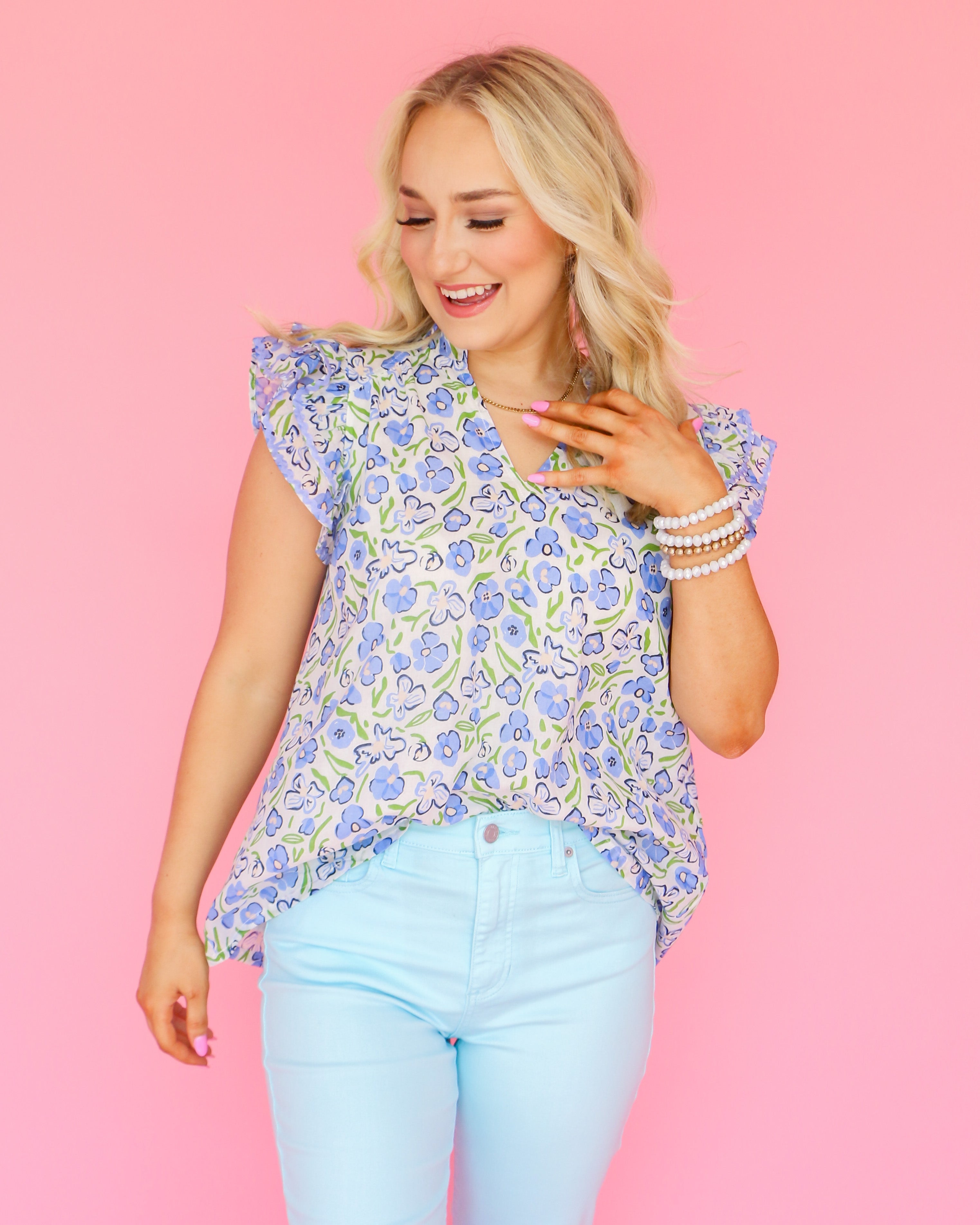 Light Blue Flutter Sleeve top with Ric Rac