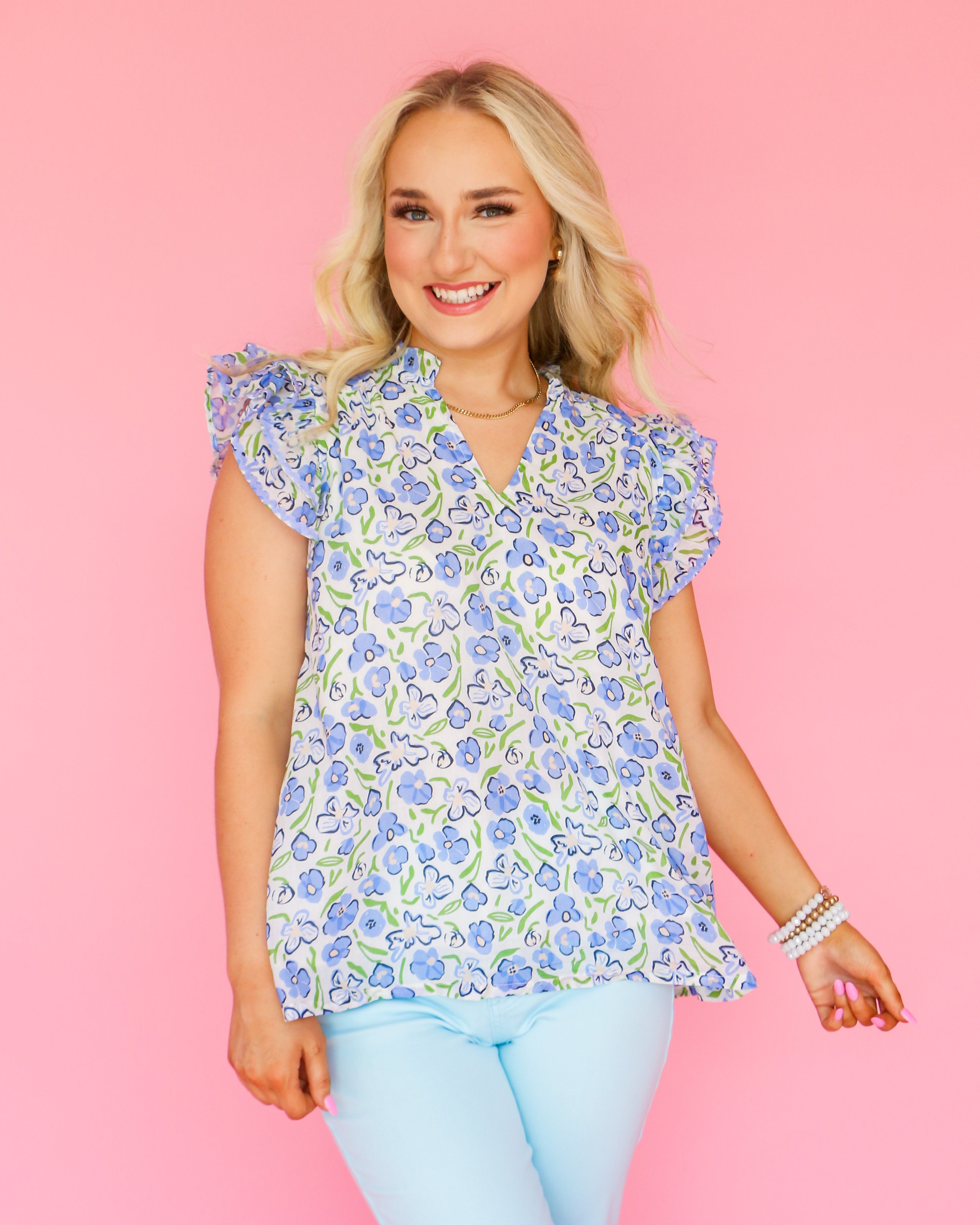 Light Blue Flutter Sleeve top with Ric Rac