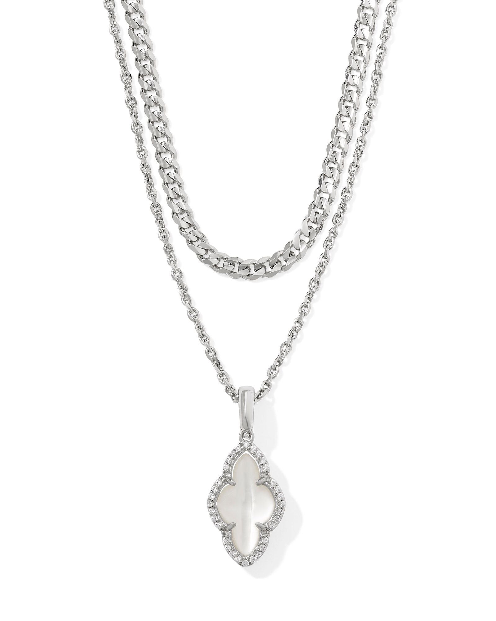 Abbie Pave Frame Multi Strand Necklace in Rhodium Ivory Mother of Pearl