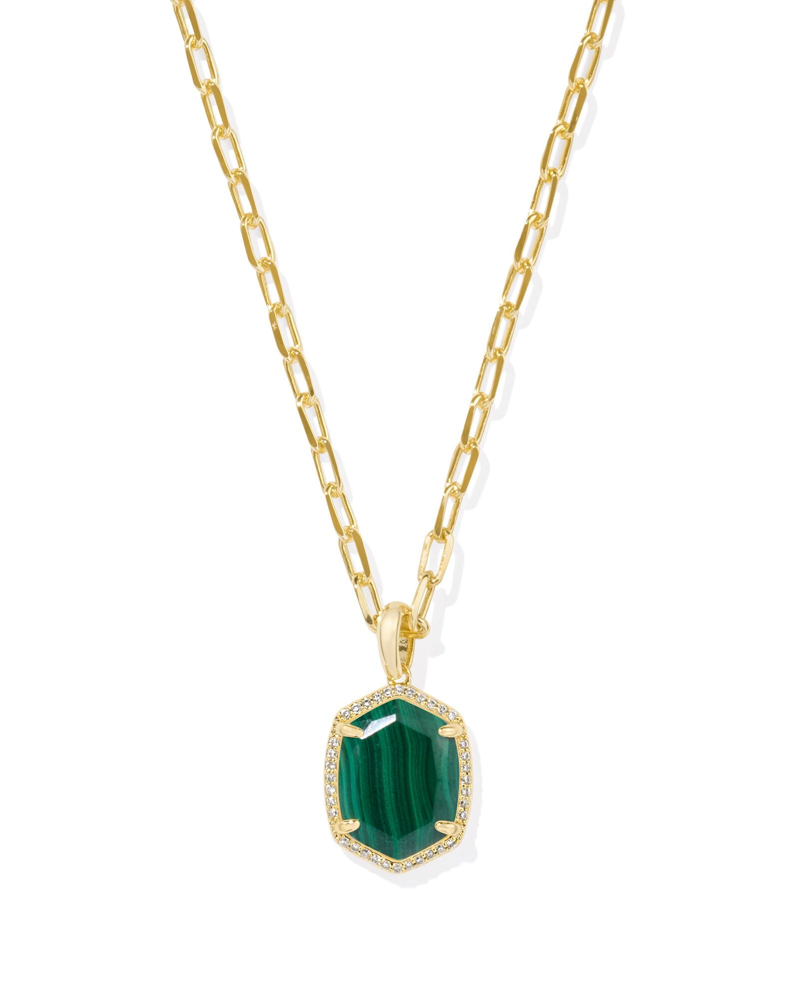 Daphne Pave Framed Pendant Necklace in Gold Green Malachite