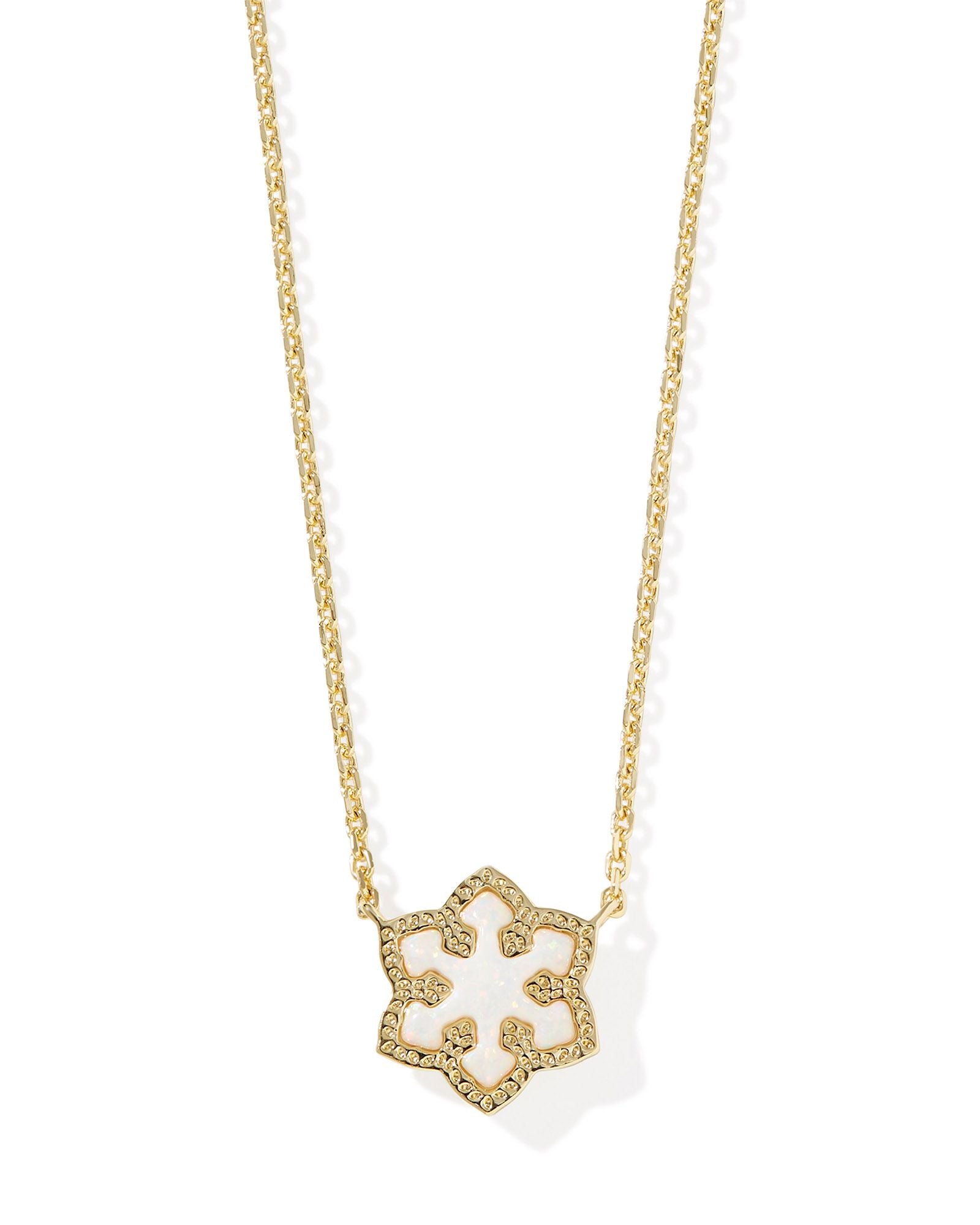 Snowflake Short Pendant Necklace in Gold White Kyocera Opal