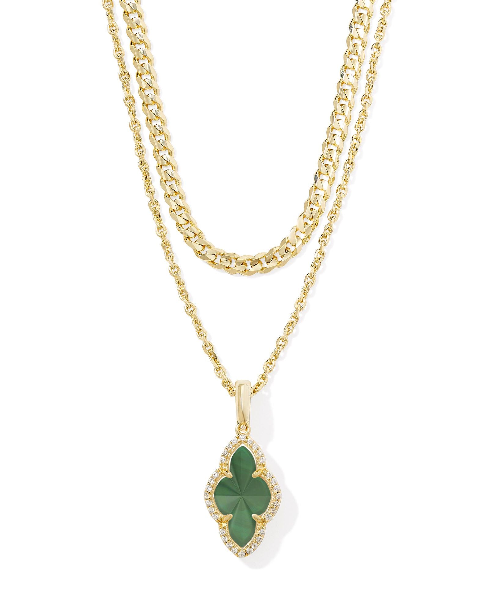 Abbie Pave Frame Multi Strand Necklace in Gold Green Illusion