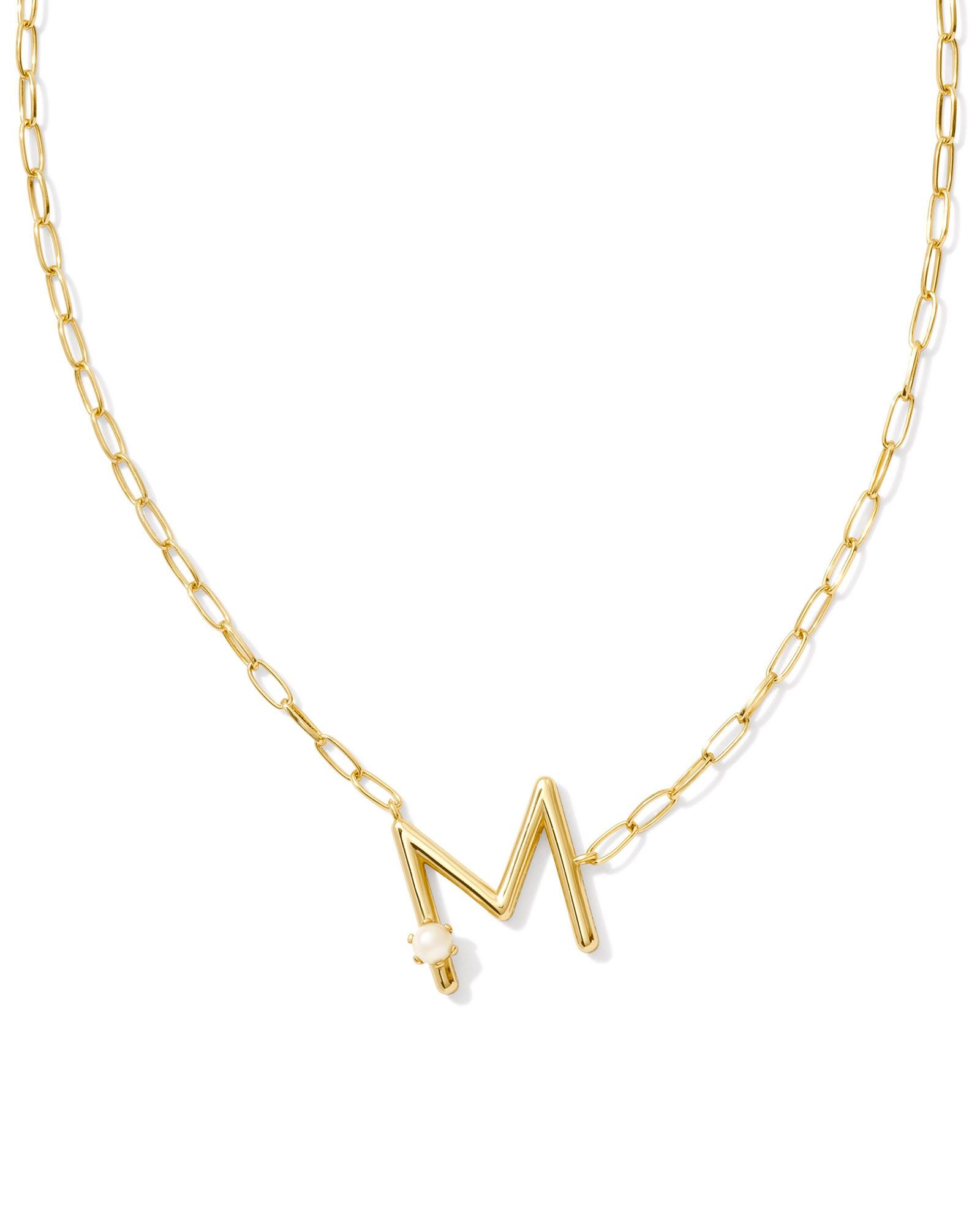 Pearl Letter M Pendant Necklace in Gold White Pearl