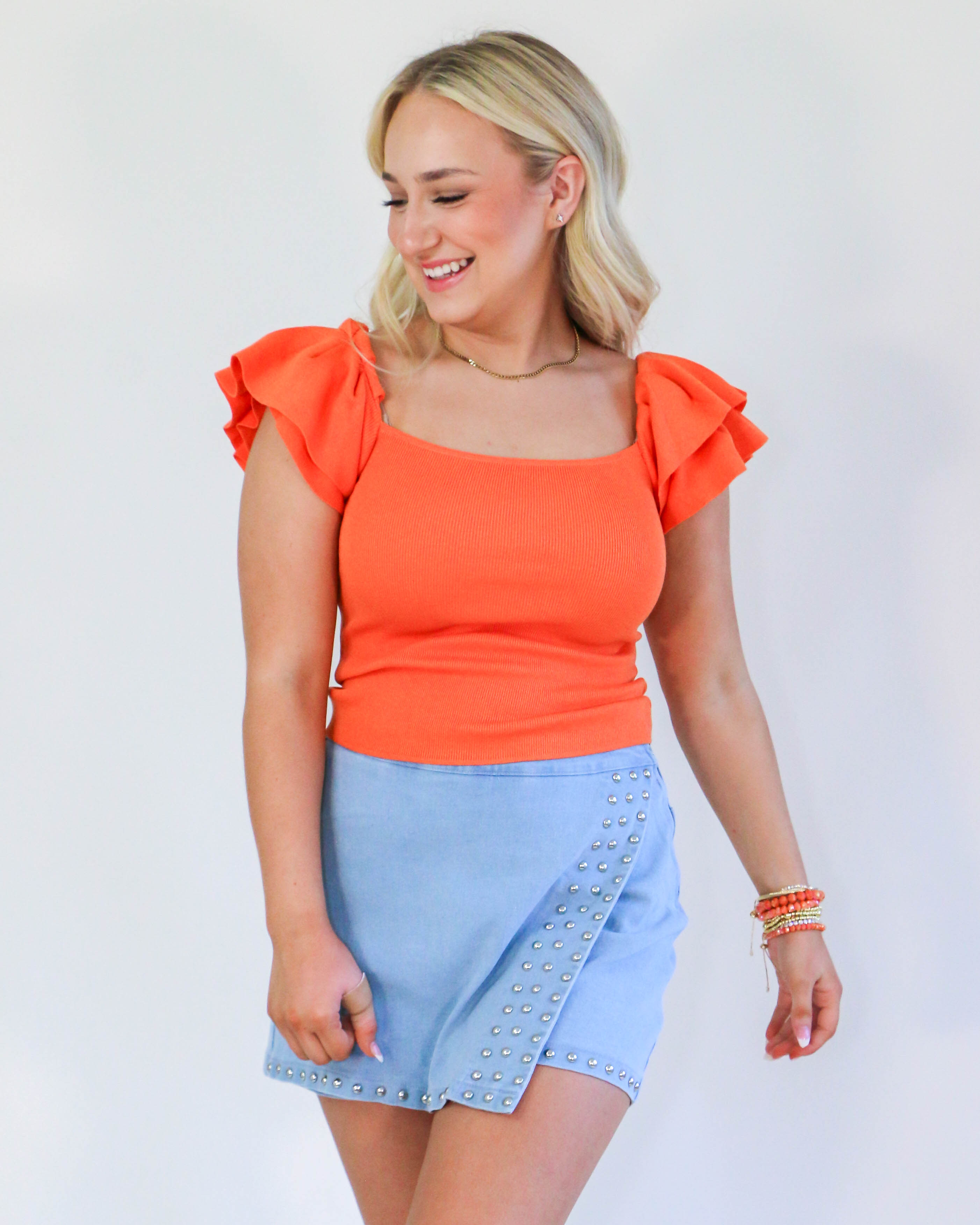 Ruffle Sleeve Sweater in Orange