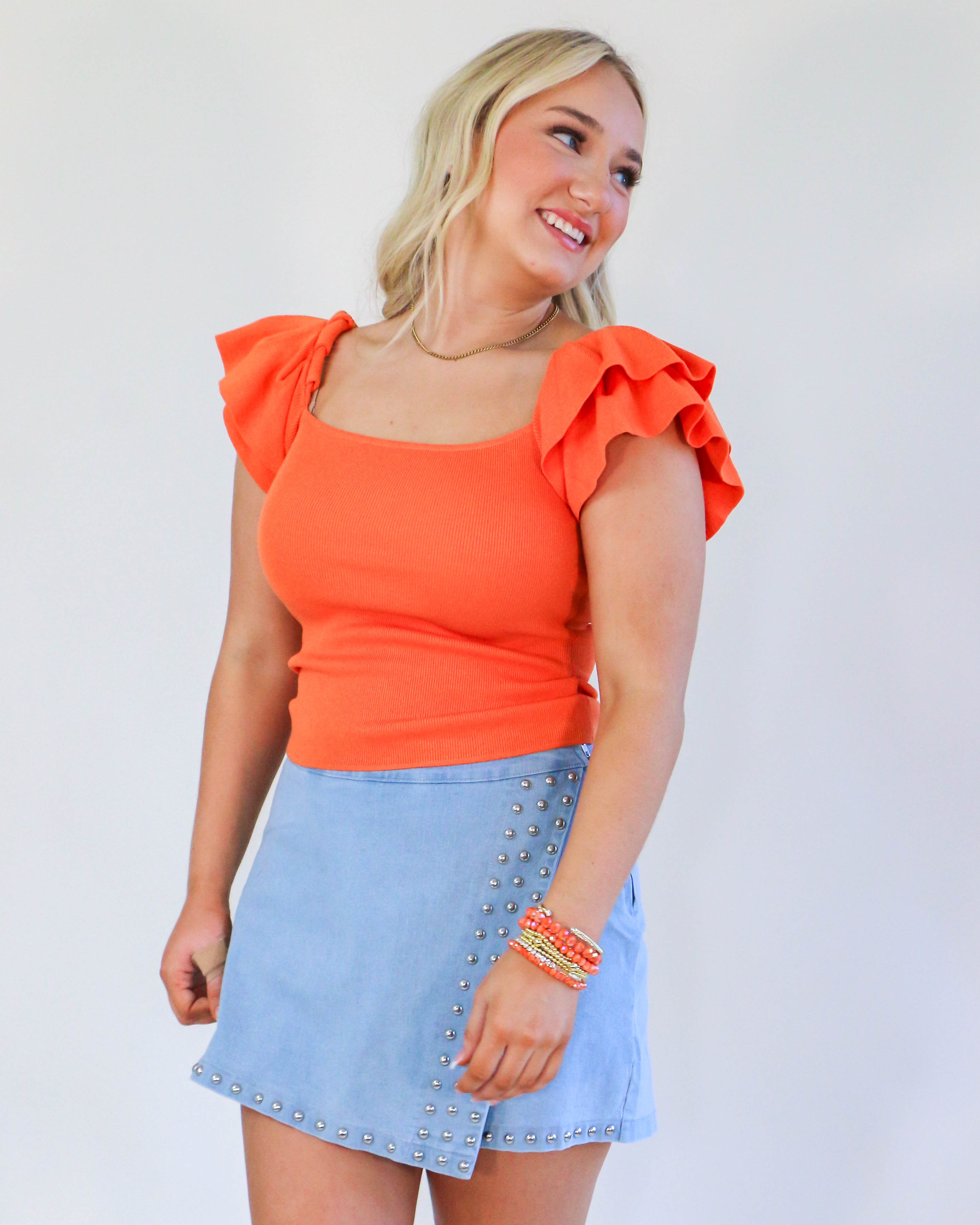 Ruffle Sleeve Sweater in Orange