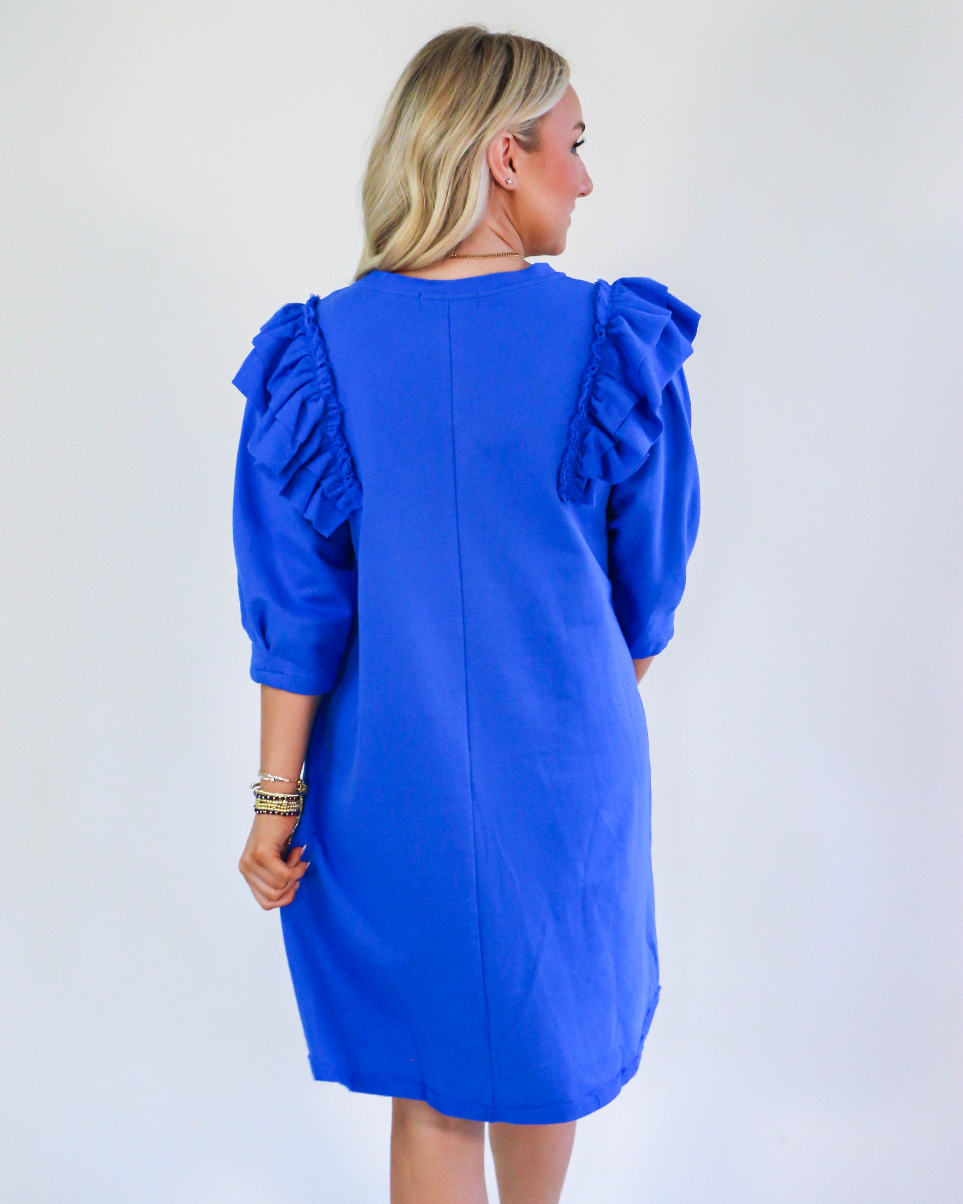 Ruffle Sleeve Round Neck Dress in Blue