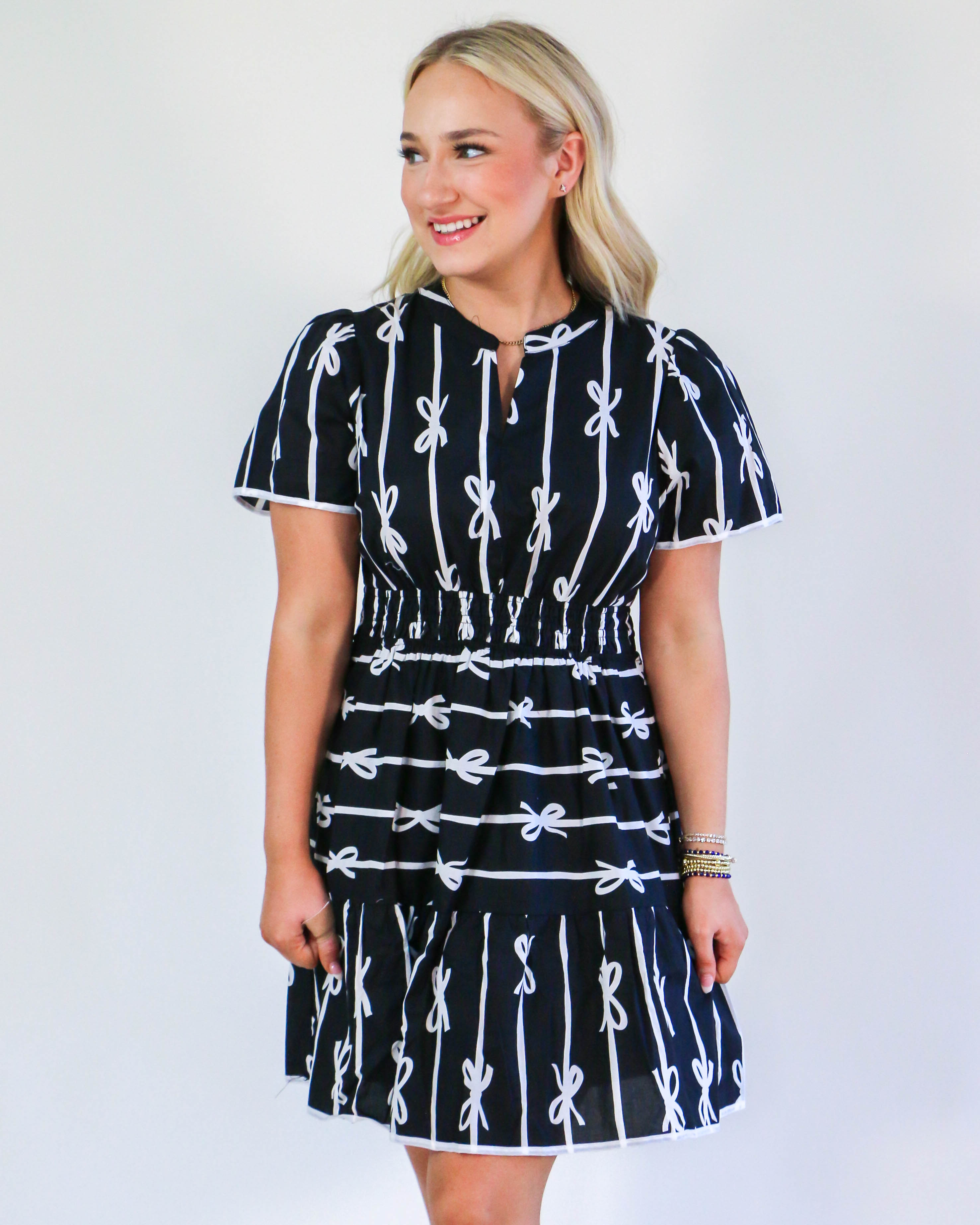 Ribbon Print Tiered Mini Dress in Black