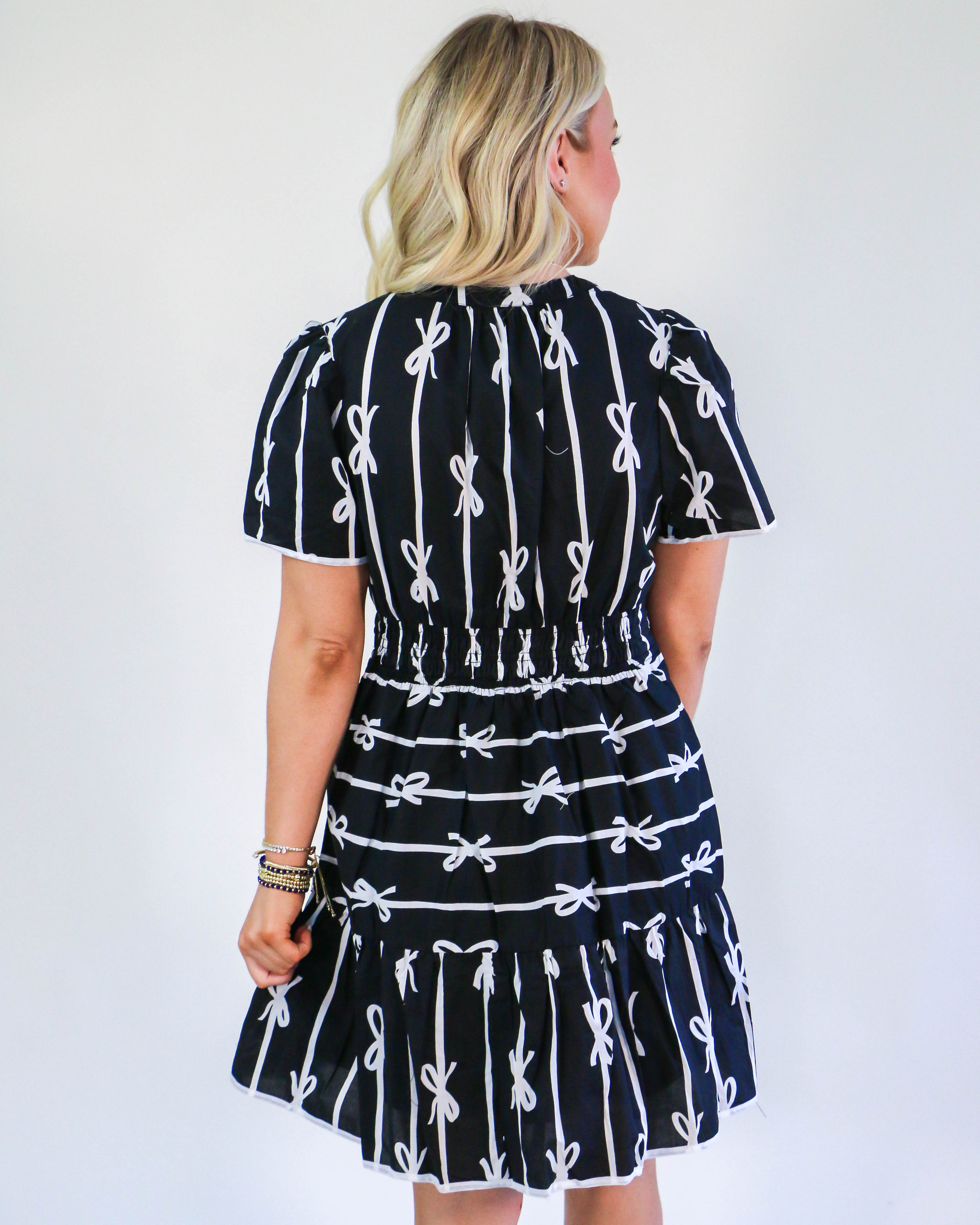 Ribbon Print Tiered Mini Dress in Black