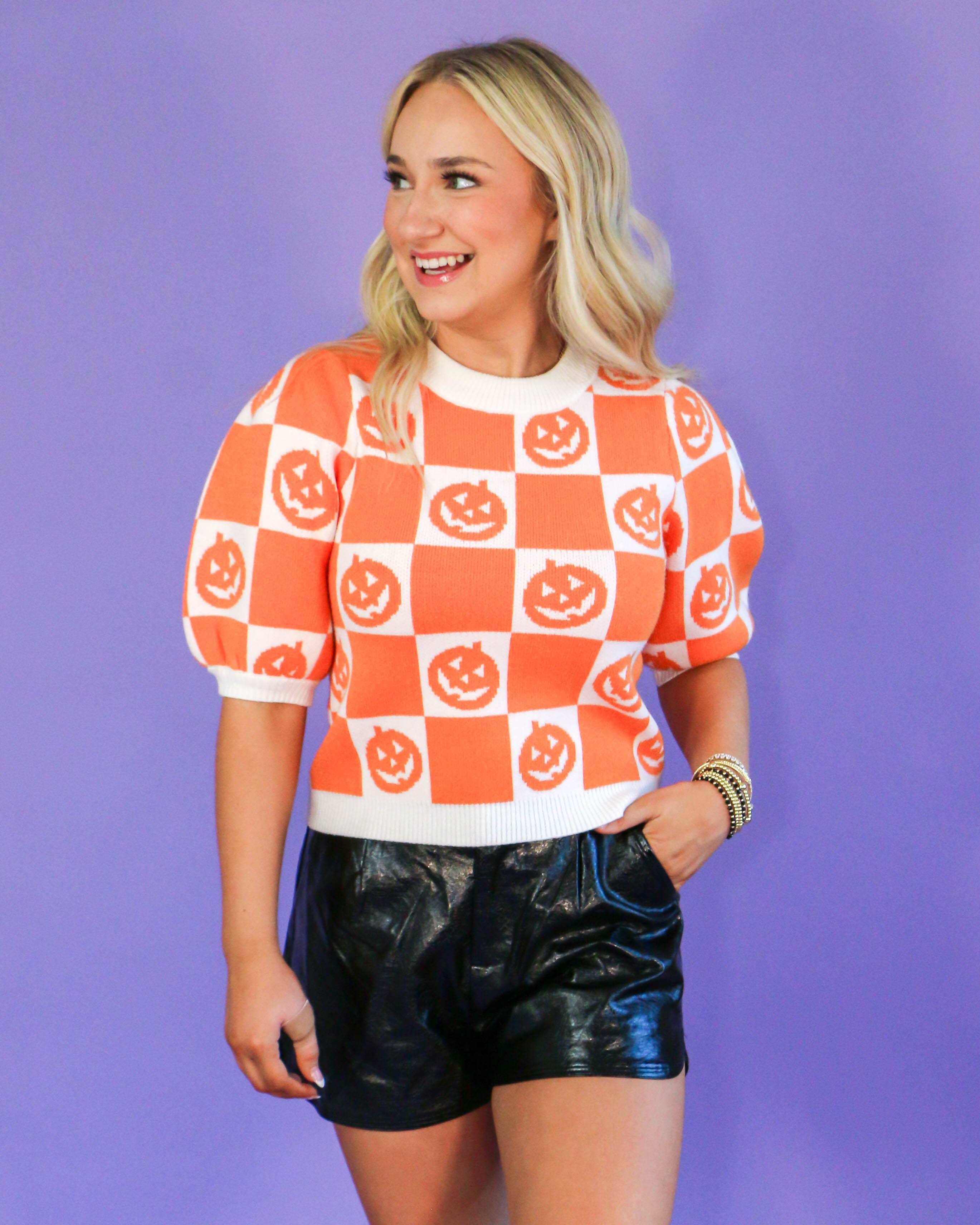 Short Puff Sleeve Pumpkin Checkered Sweater