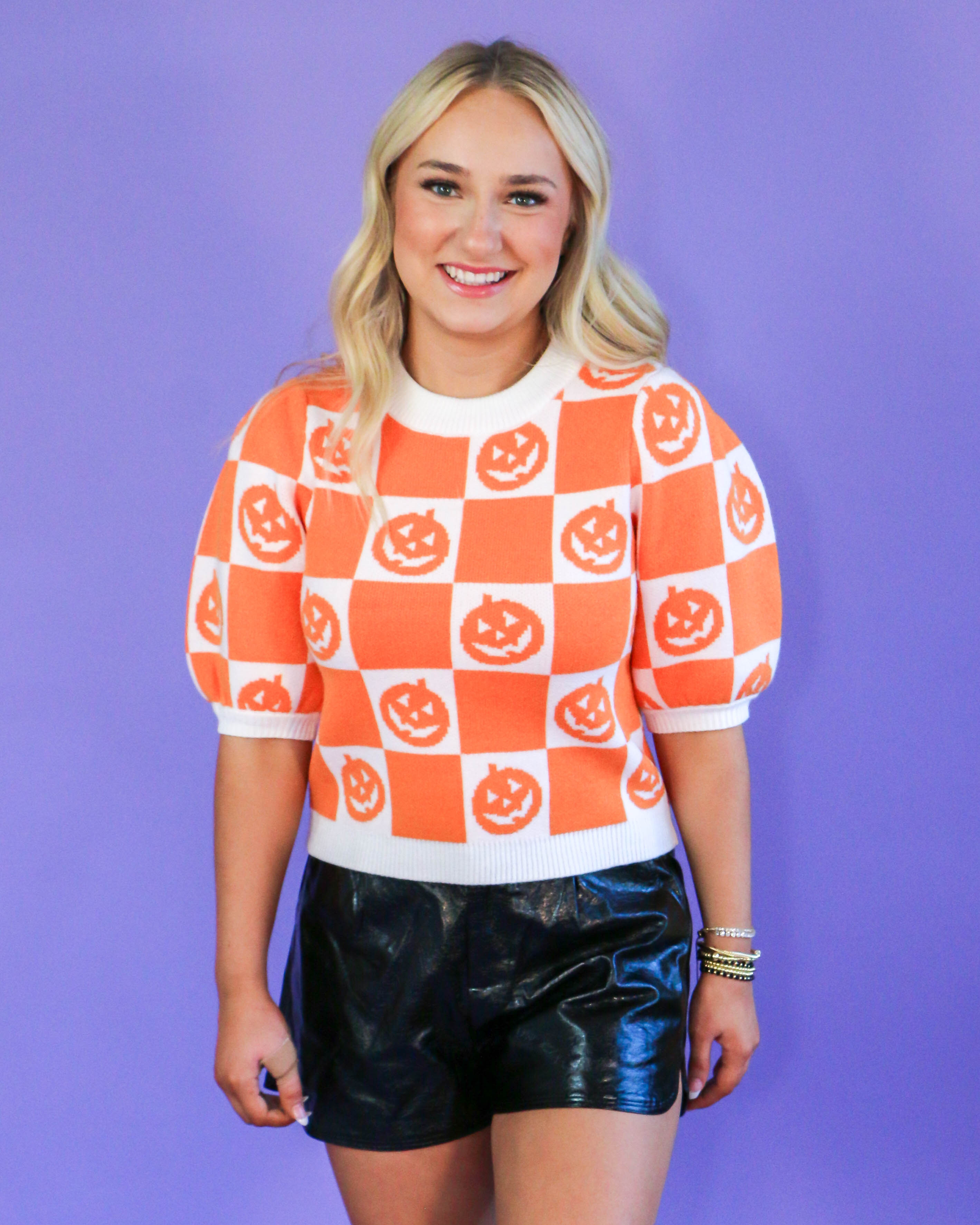 Short Puff Sleeve Pumpkin Checkered Sweater