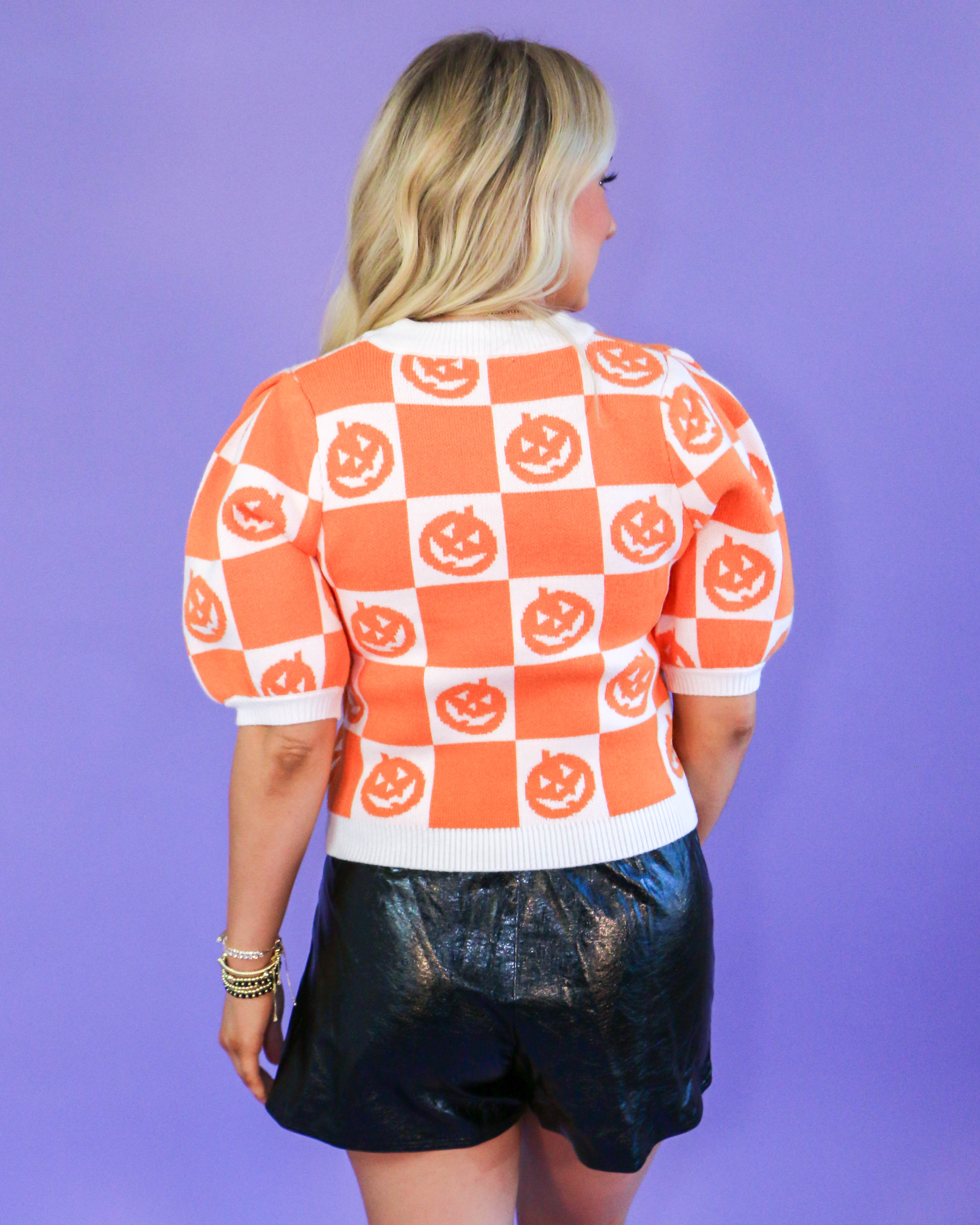 Short Puff Sleeve Pumpkin Checkered Sweater