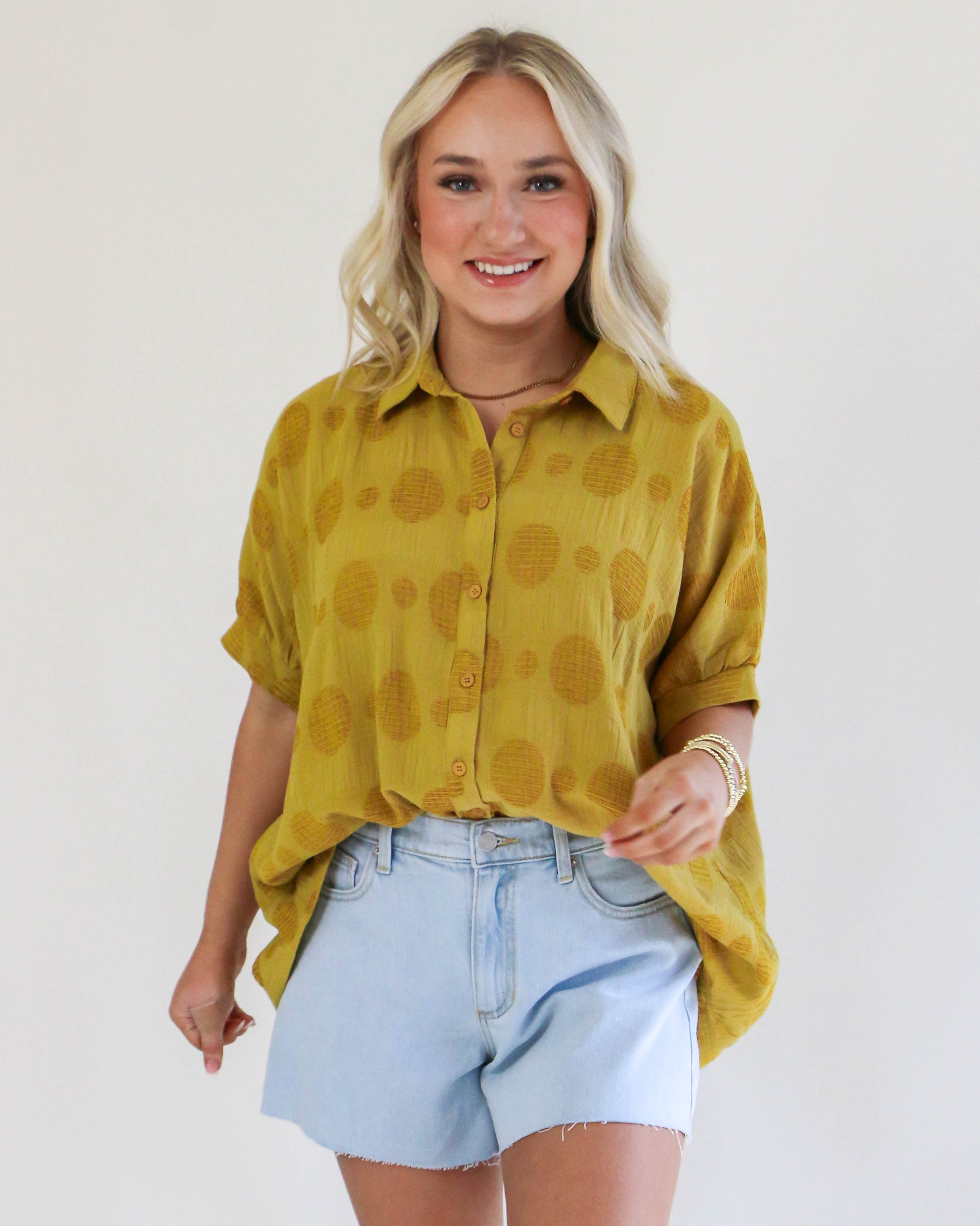 Texture Fabric Button Down Polka Dot Detailed Top in Mustard