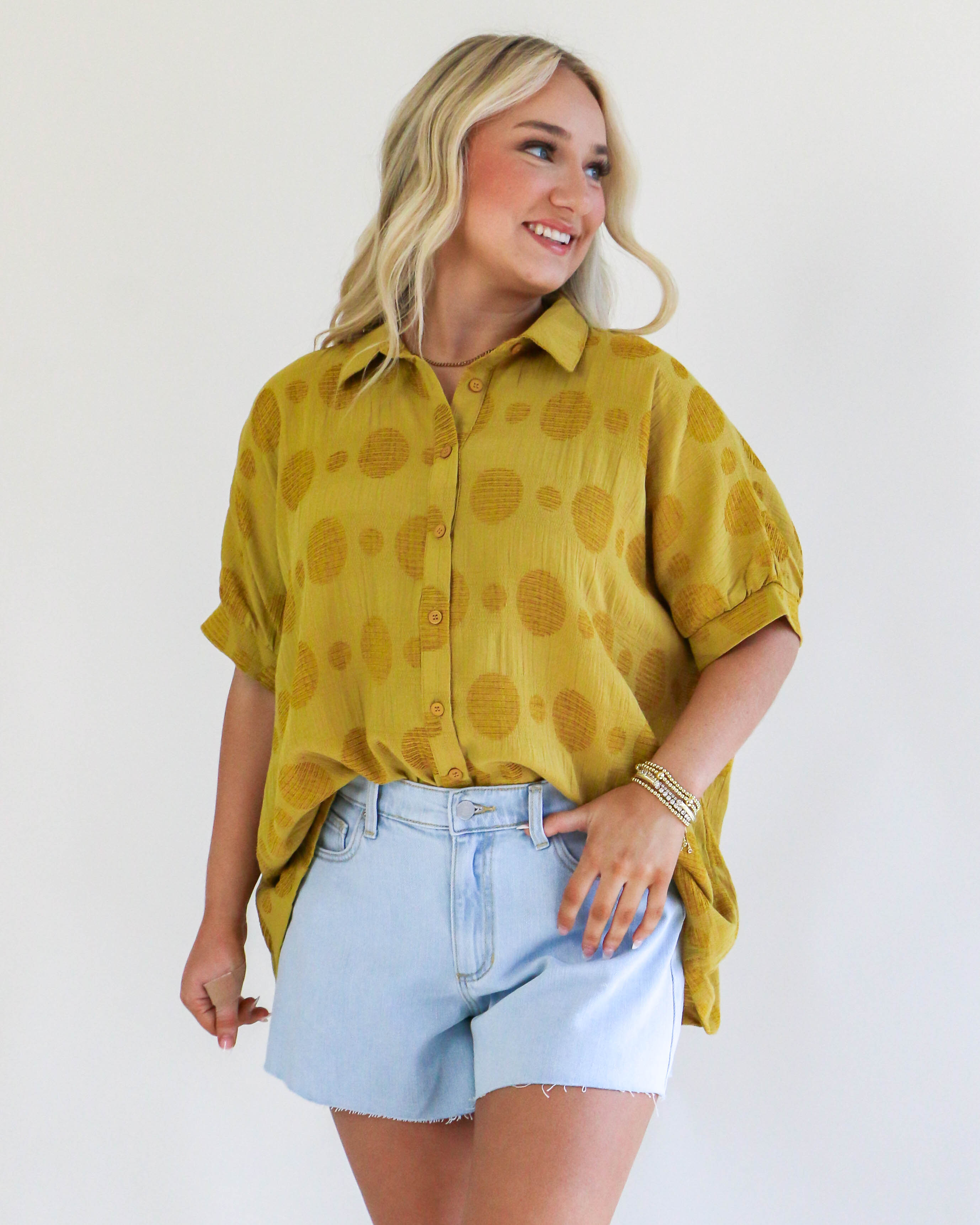 Texture Fabric Button Down Polka Dot Detailed Top in Mustard