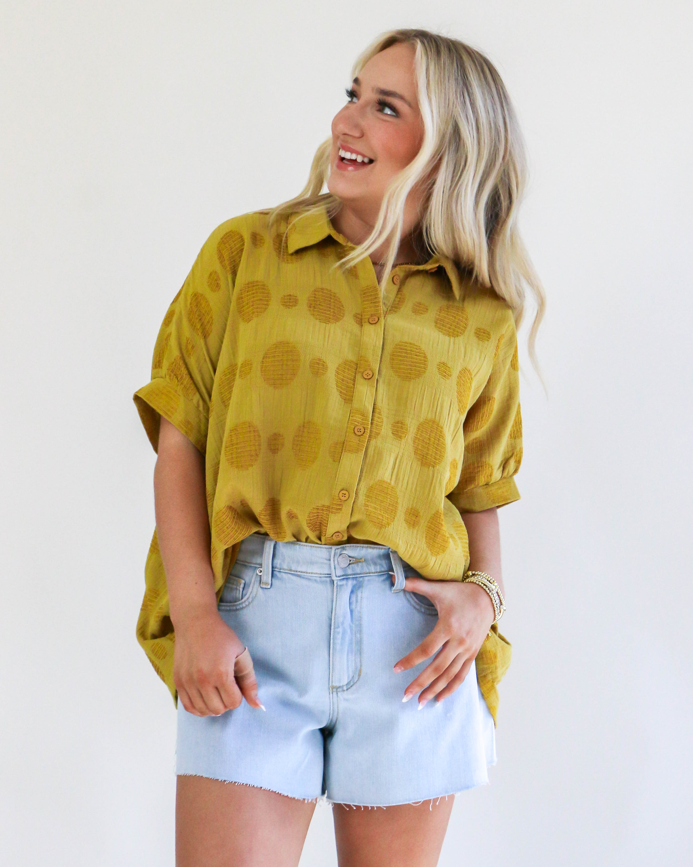 Texture Fabric Button Down Polka Dot Detailed Top in Mustard