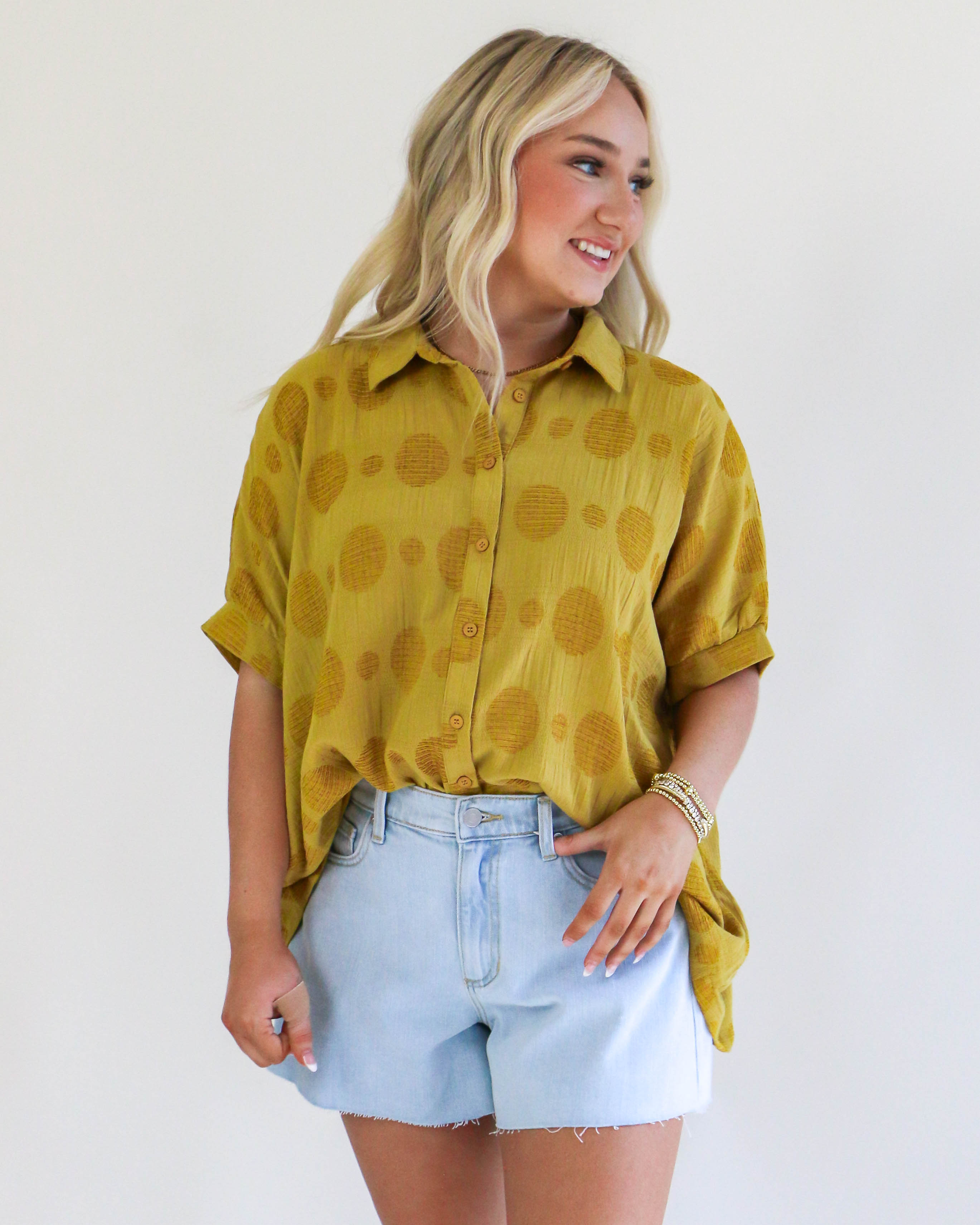 Texture Fabric Button Down Polka Dot Detailed Top in Mustard