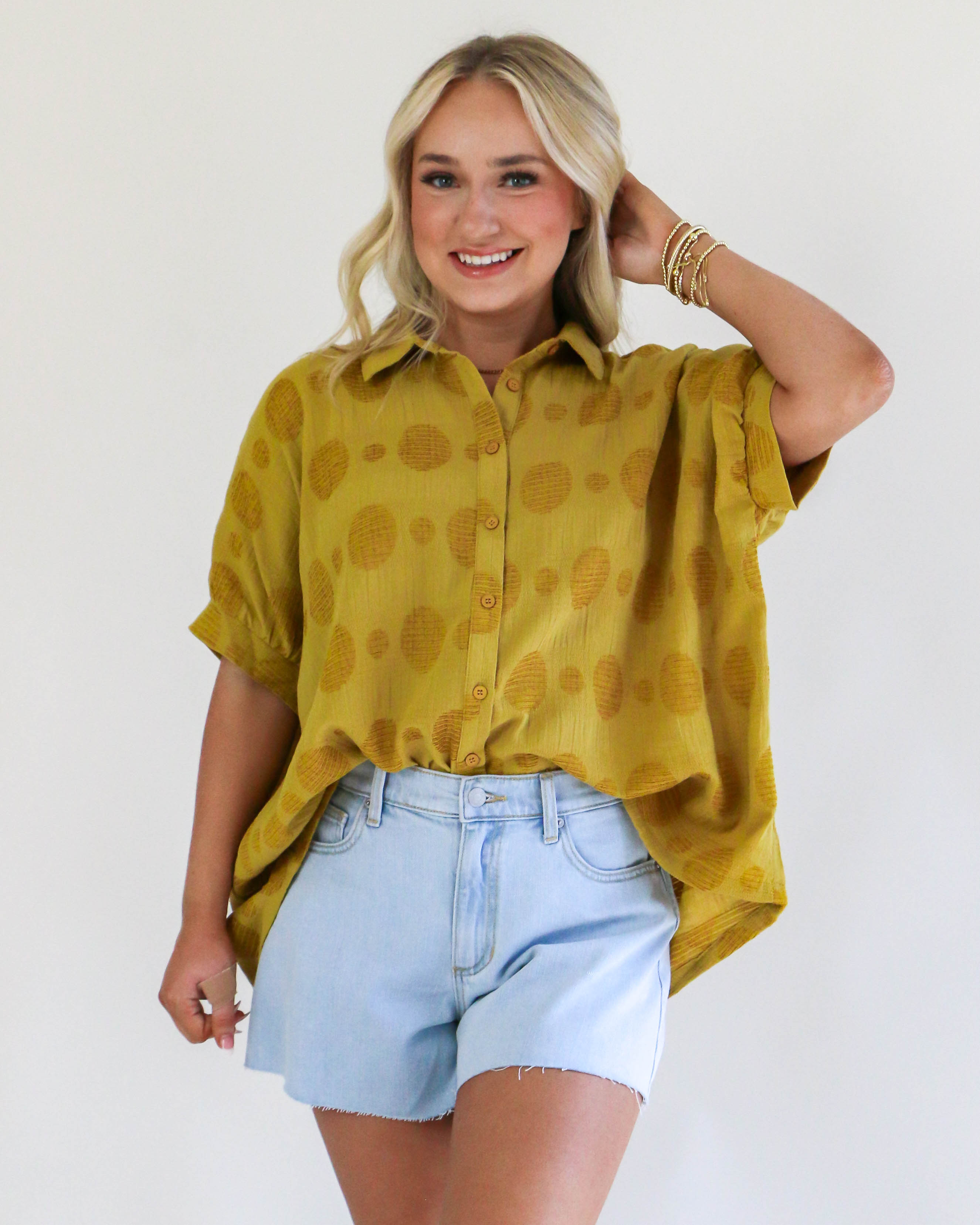 Texture Fabric Button Down Polka Dot Detailed Top in Mustard