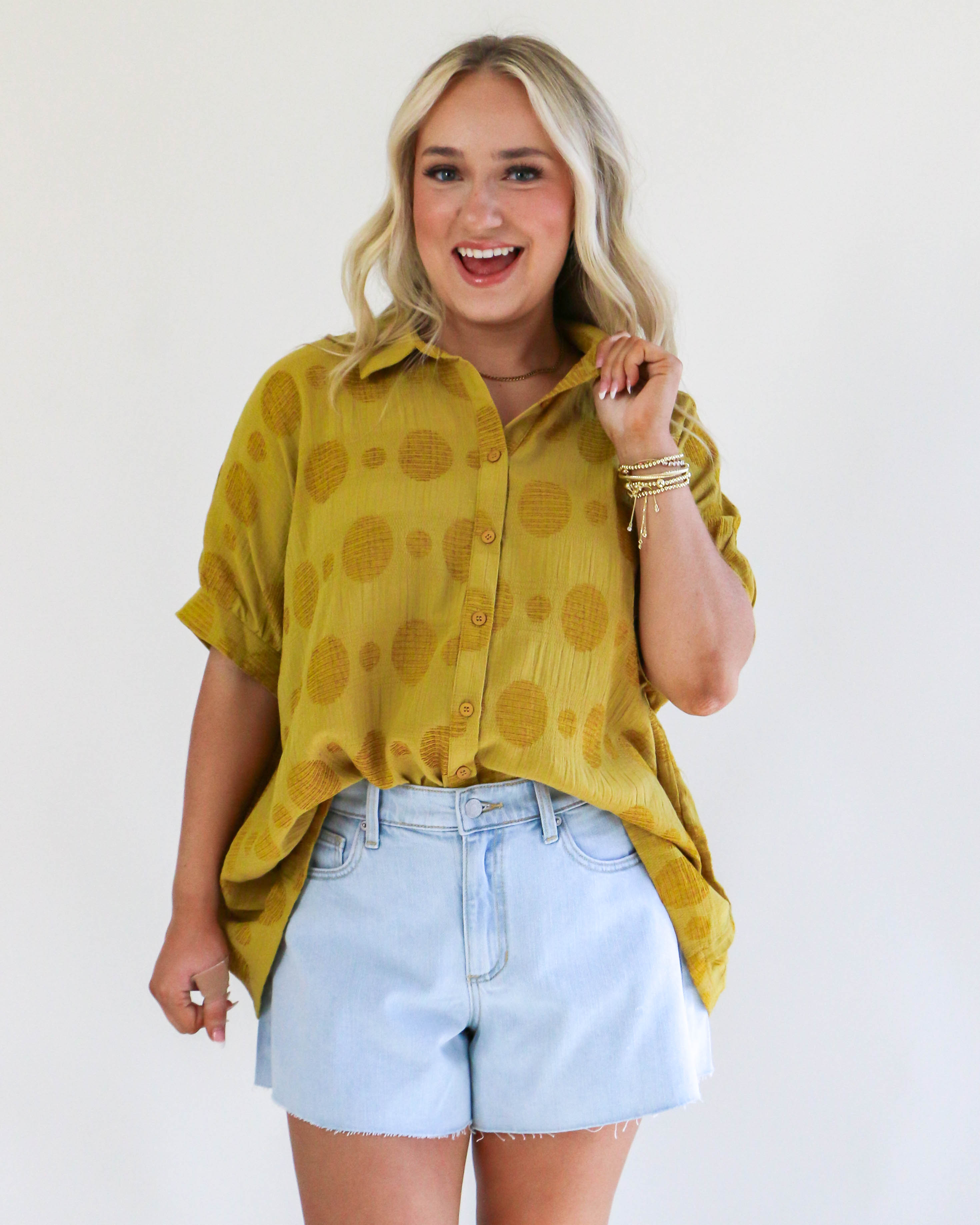 Texture Fabric Button Down Polka Dot Detailed Top in Mustard