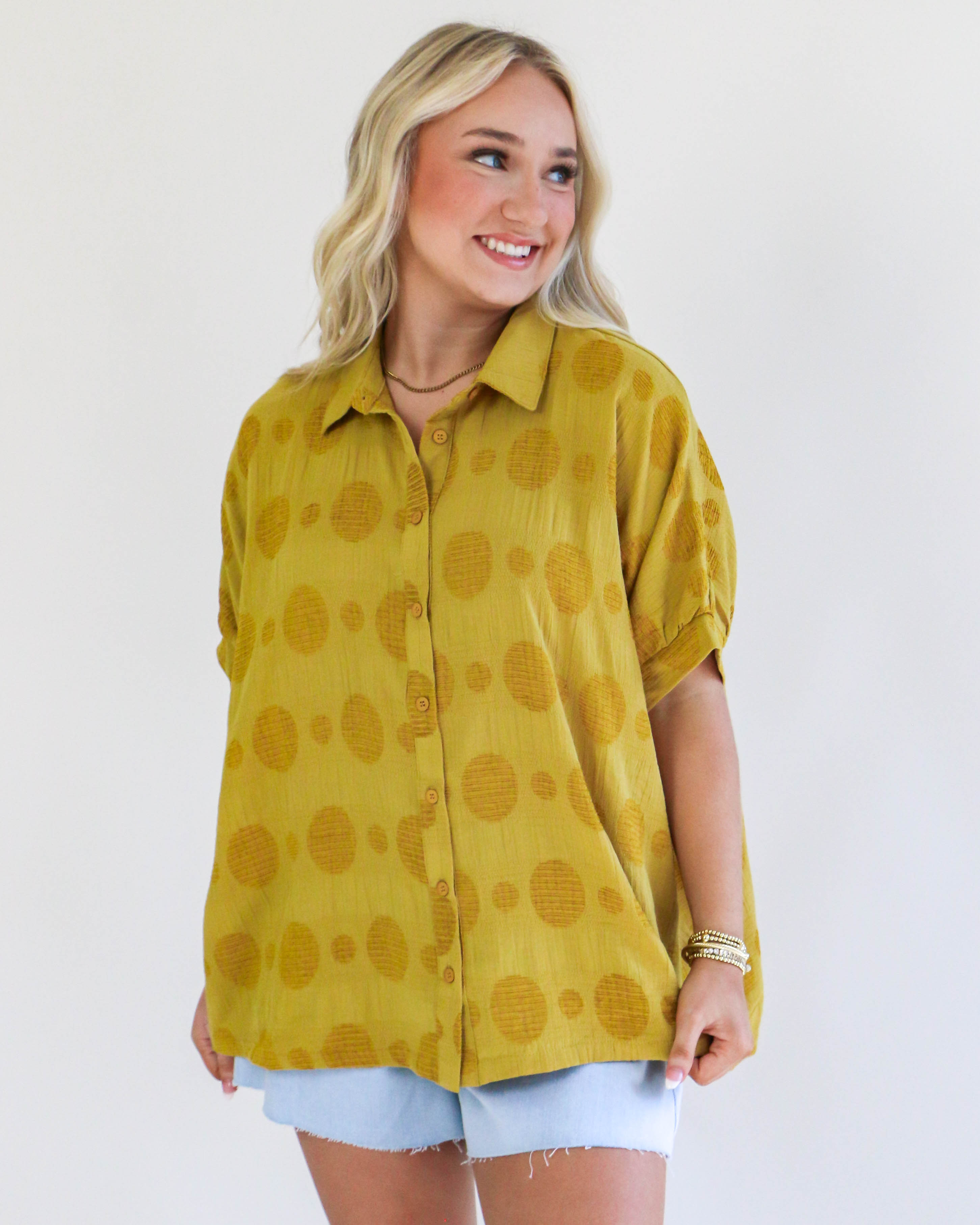 Texture Fabric Button Down Polka Dot Detailed Top in Mustard