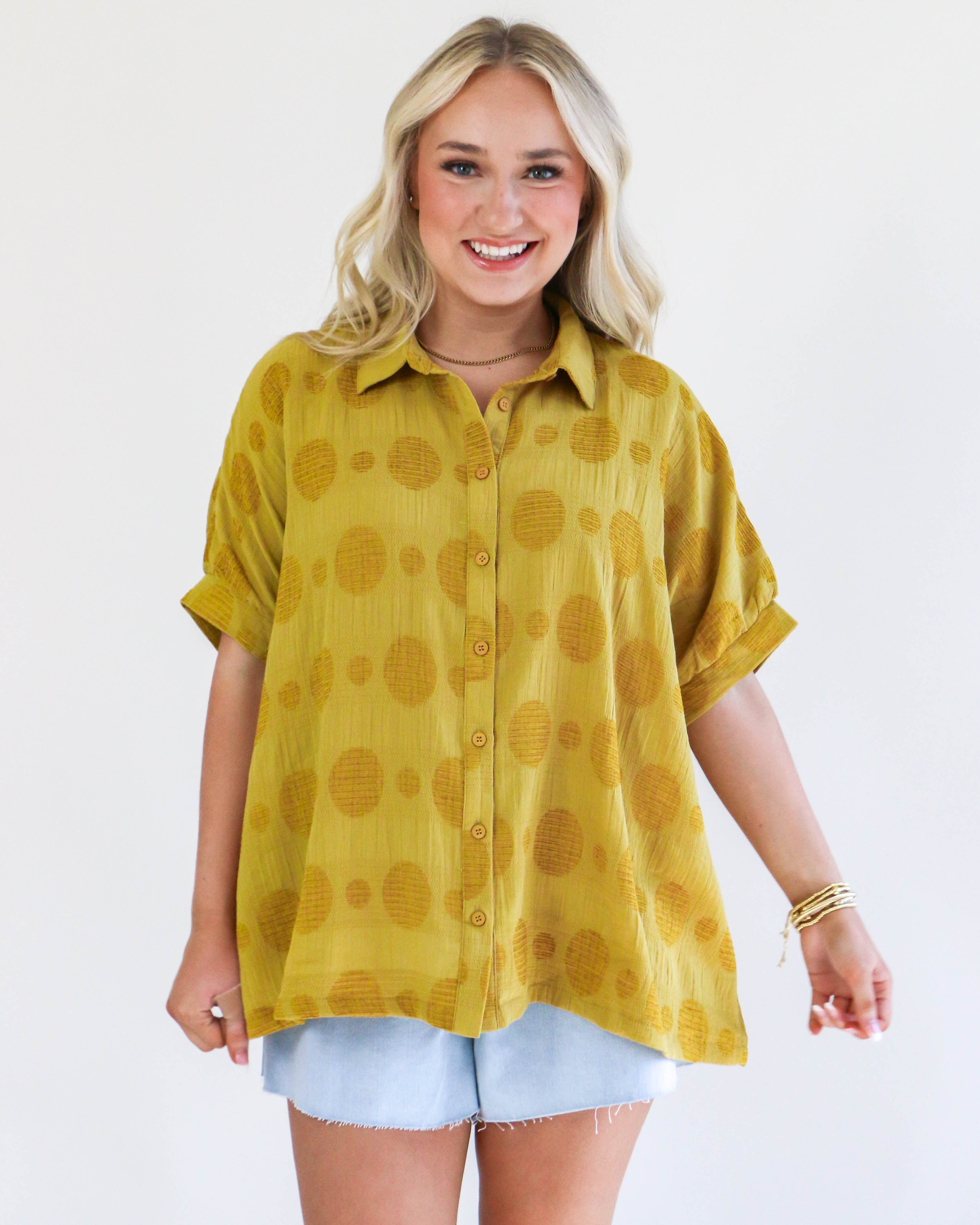 Texture Fabric Button Down Polka Dot Detailed Top in Mustard